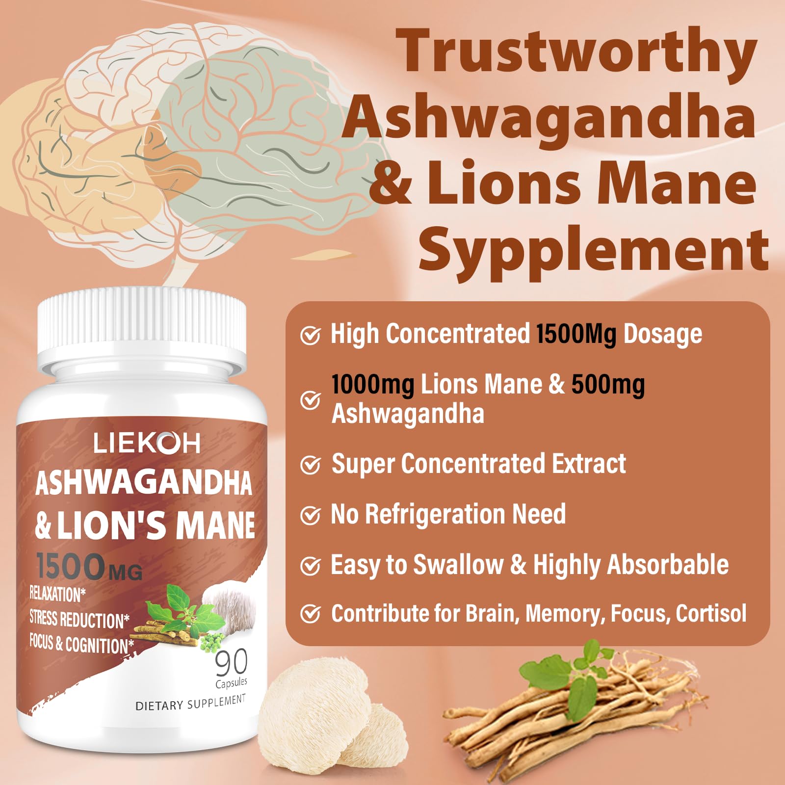 Liekoh Ashwagandha & Lions Mane Supplement Capsules, Brain Supplements for Memory and Focus, Ashwagandha Supplement with Rhodiola & Black Peppe, Cortisol Supplements for Women & Men,90 Caps Liekoh uk supplements