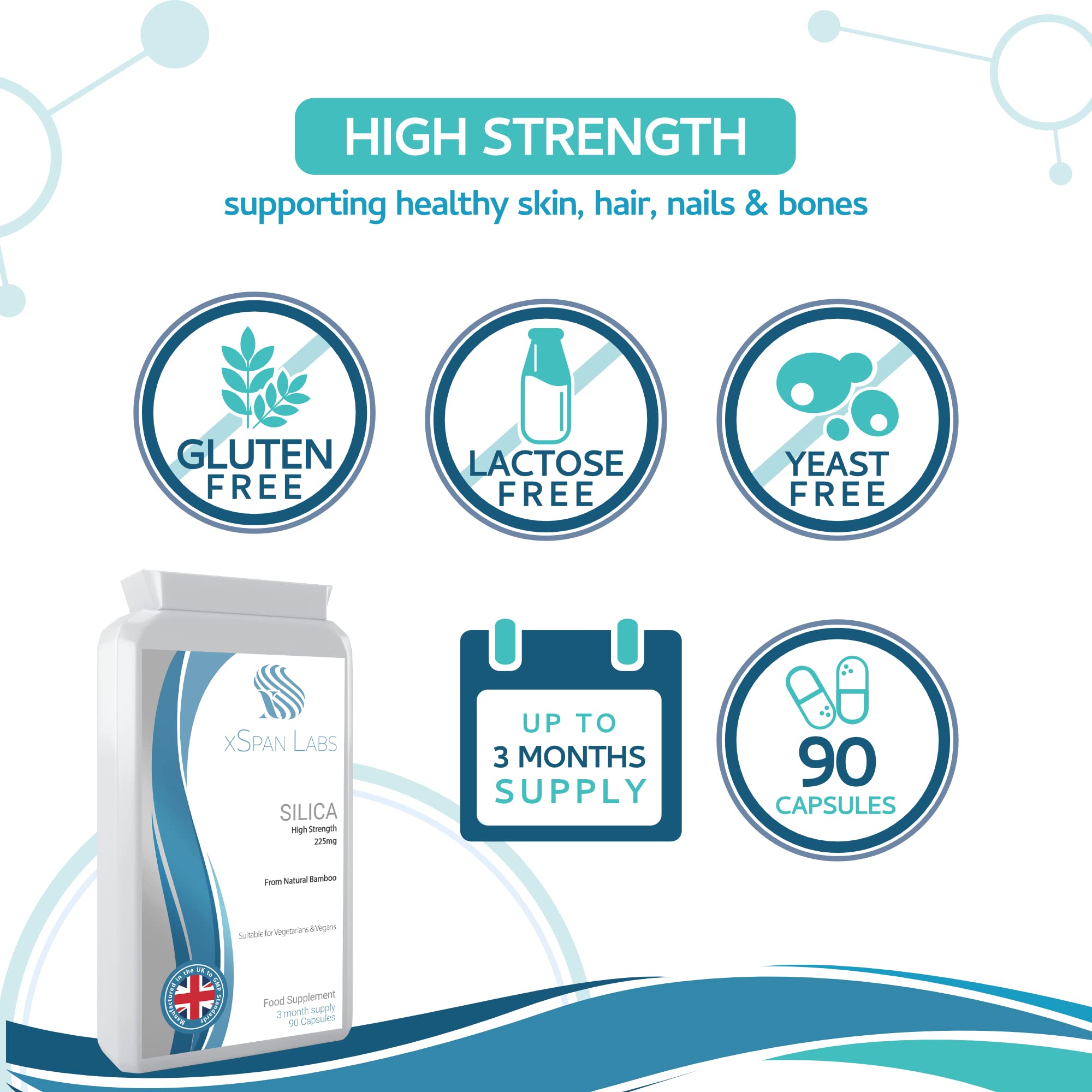 Silica 225mg – 90 Capsules - A Potent Highly Bioavailable Form - Naturally Sourced from Bamboo Extract - One-A-Day Vegan Capsules to Support Healthy Hair, Nails and Skin - Made in The UK Xspan Labs uk supplements