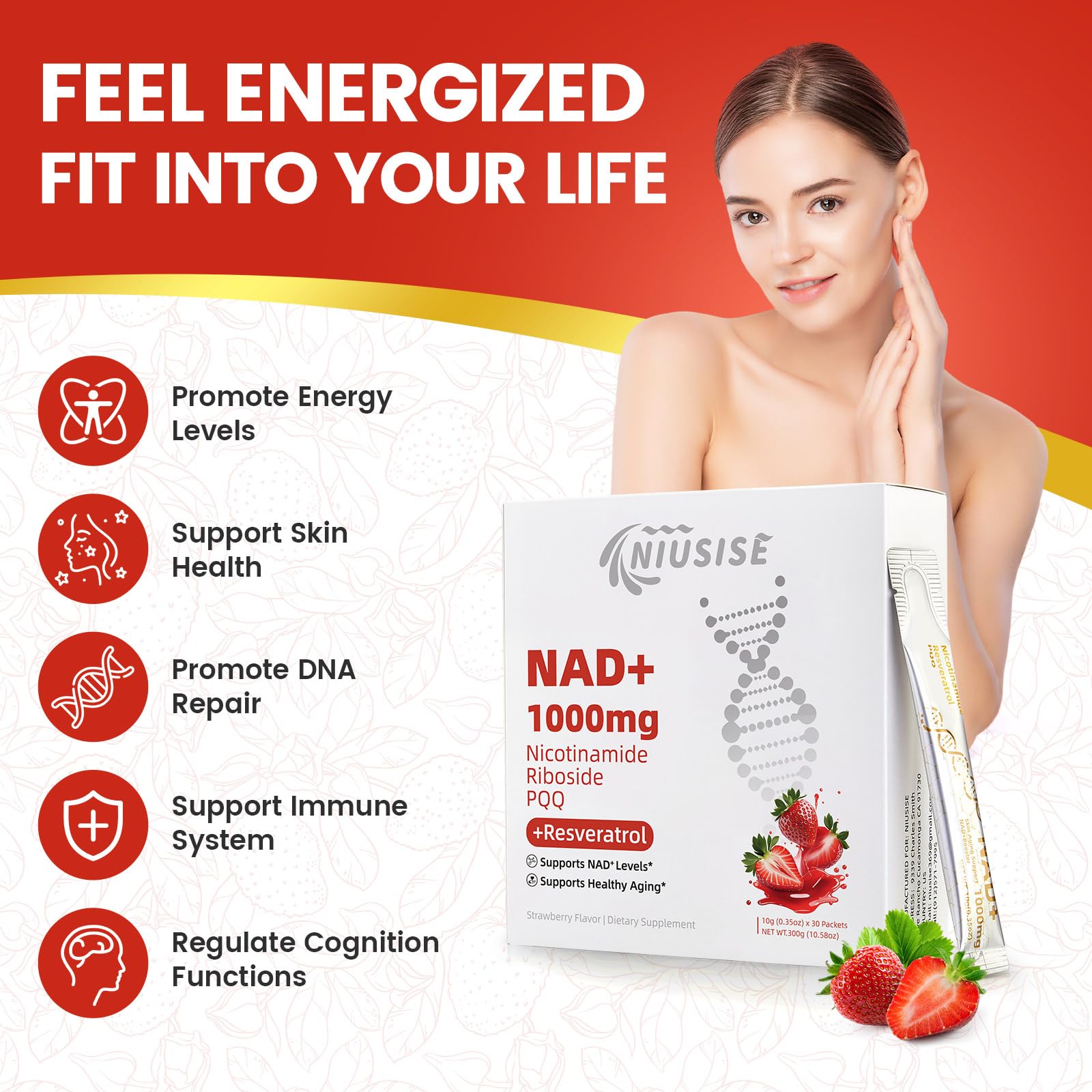 NIUSISE NAD Supplement, NAD+ Liquid, 1000mg Enhanced Formula with PQQ, Nicotinamide Riboside & Resveratrol, Advanced Anti-Aging Support for Men & Women, Sustained Energy, Vitality Boost (30 Packets) NIUSISE uk supplements