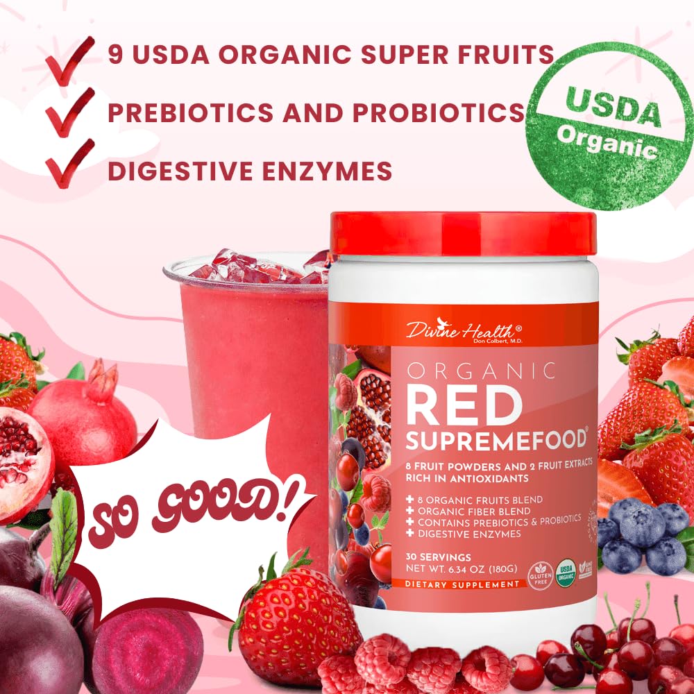 Dr. Colbert, MD Organic Red Supremefood | Berry Flavored Blend | by Divine Health | 10 Organic Fruits | Probiotics | Enzymes | Herbs | Fiber | Antioxidants | Non-GMO | 30 Day Supply | 180g Divine Health uk supplements