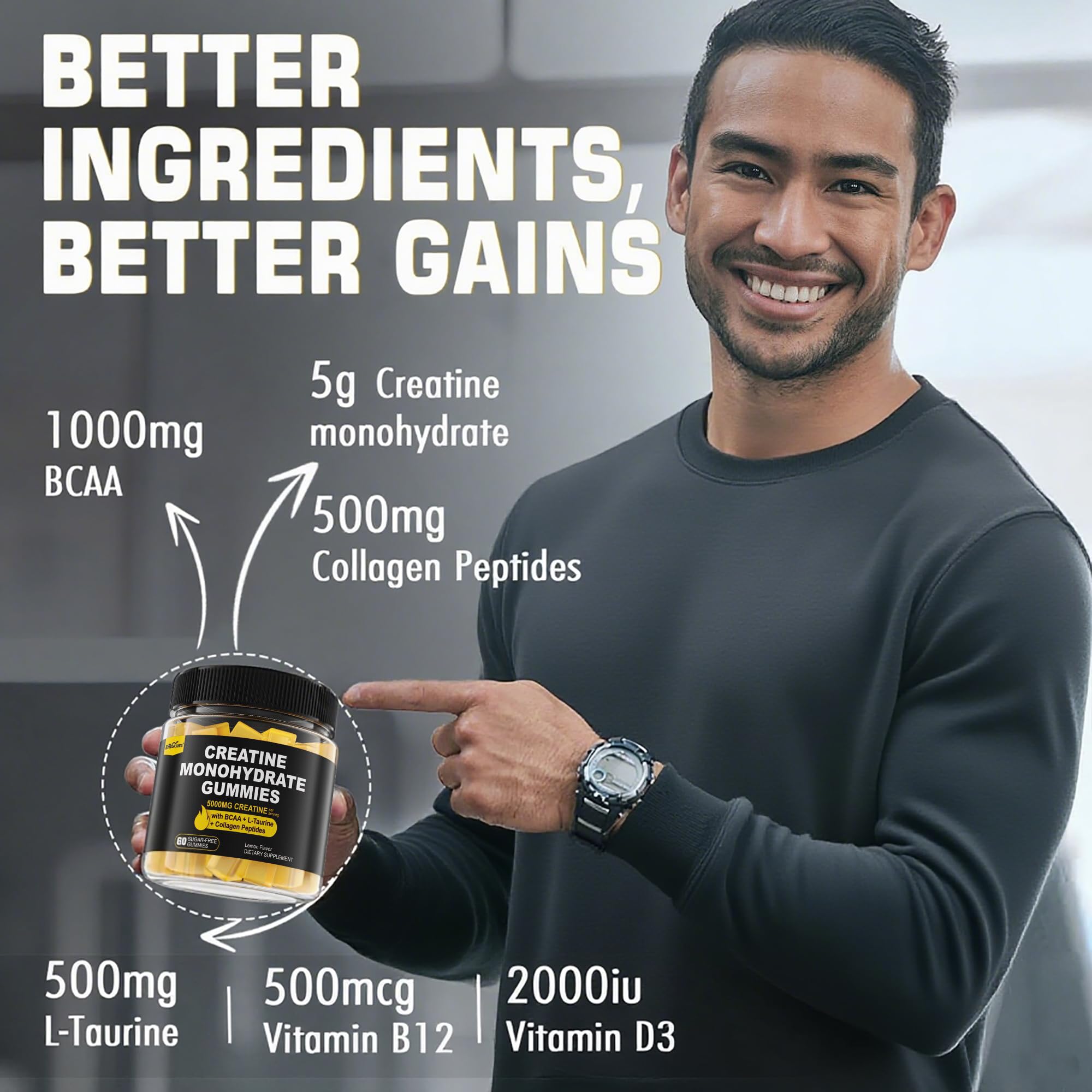 Creatine Monohydrate Gummies for Men & Women - with BCAA, Collagen Peptides, L-Taurine, Vitamin B12, D3, Chewables Creatine Monohydrate 5g Per Serving, Natural Lemon Flavor, Sugar Free, 2 Pack EnvyCure uk supplements