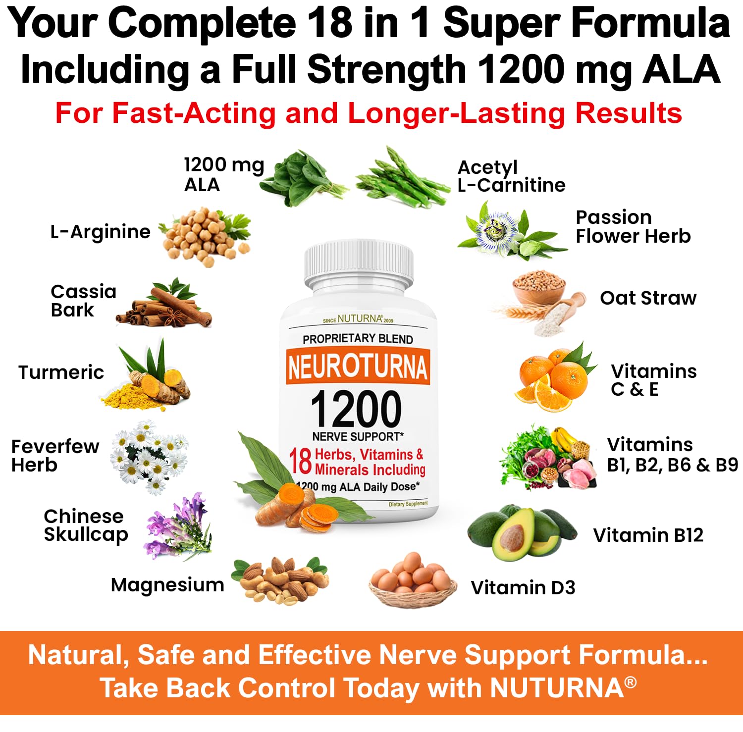 Neuroturna Support Supplement with 1200 mg Pure Alpha Lipoic Acid - Maximum Strength Formula with ALA + Vitamins + Minerals + Herbs - Best Natural Support - 180 Capsules Nuturna uk supplements