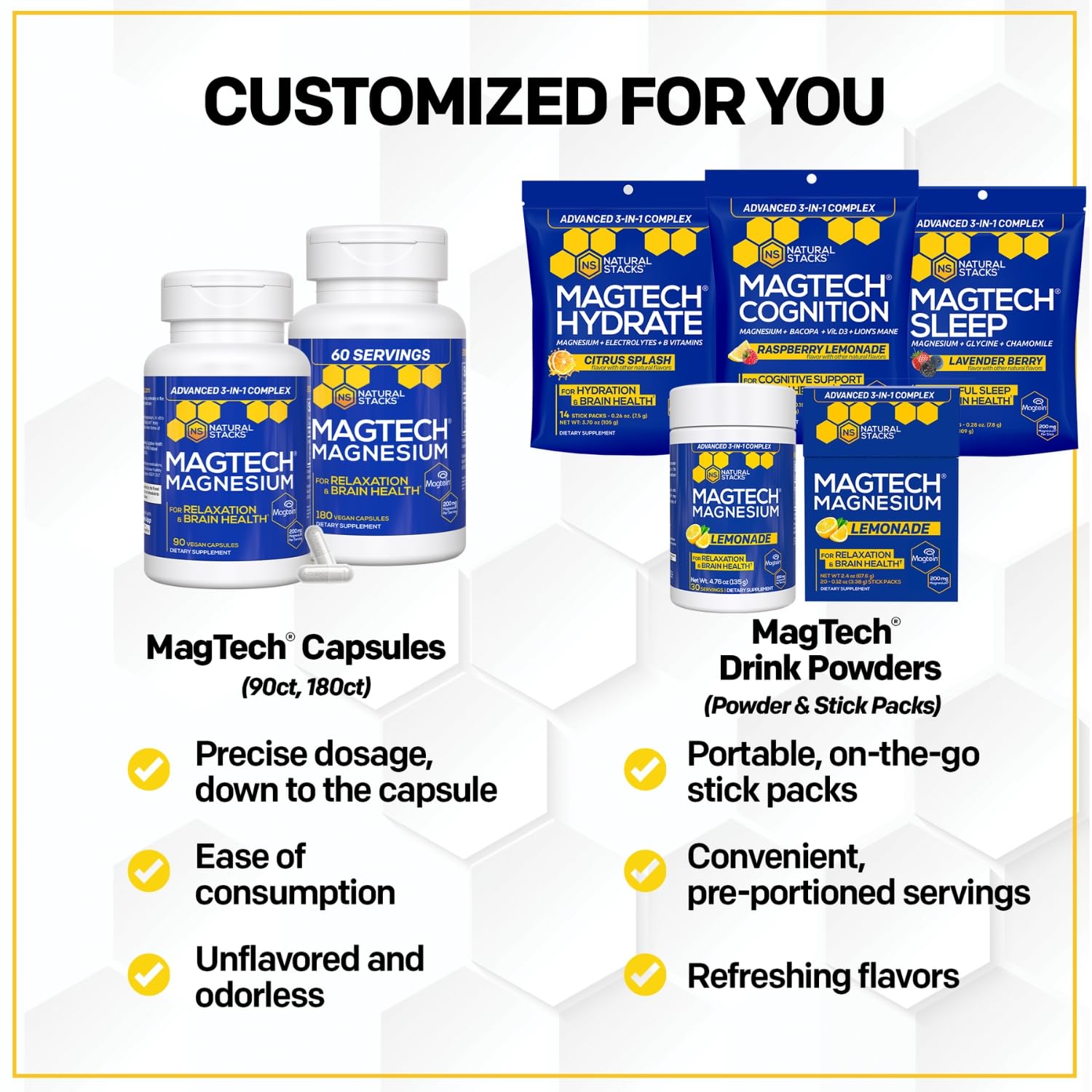 NATURAL STACKS Dopamine Brain Food + Magtech Magnesium Bundle - Chelated Magnesium Complex - Supports Brain Health & Mental Drive* - 150 Total Capsules NATURAL STACKS uk supplements