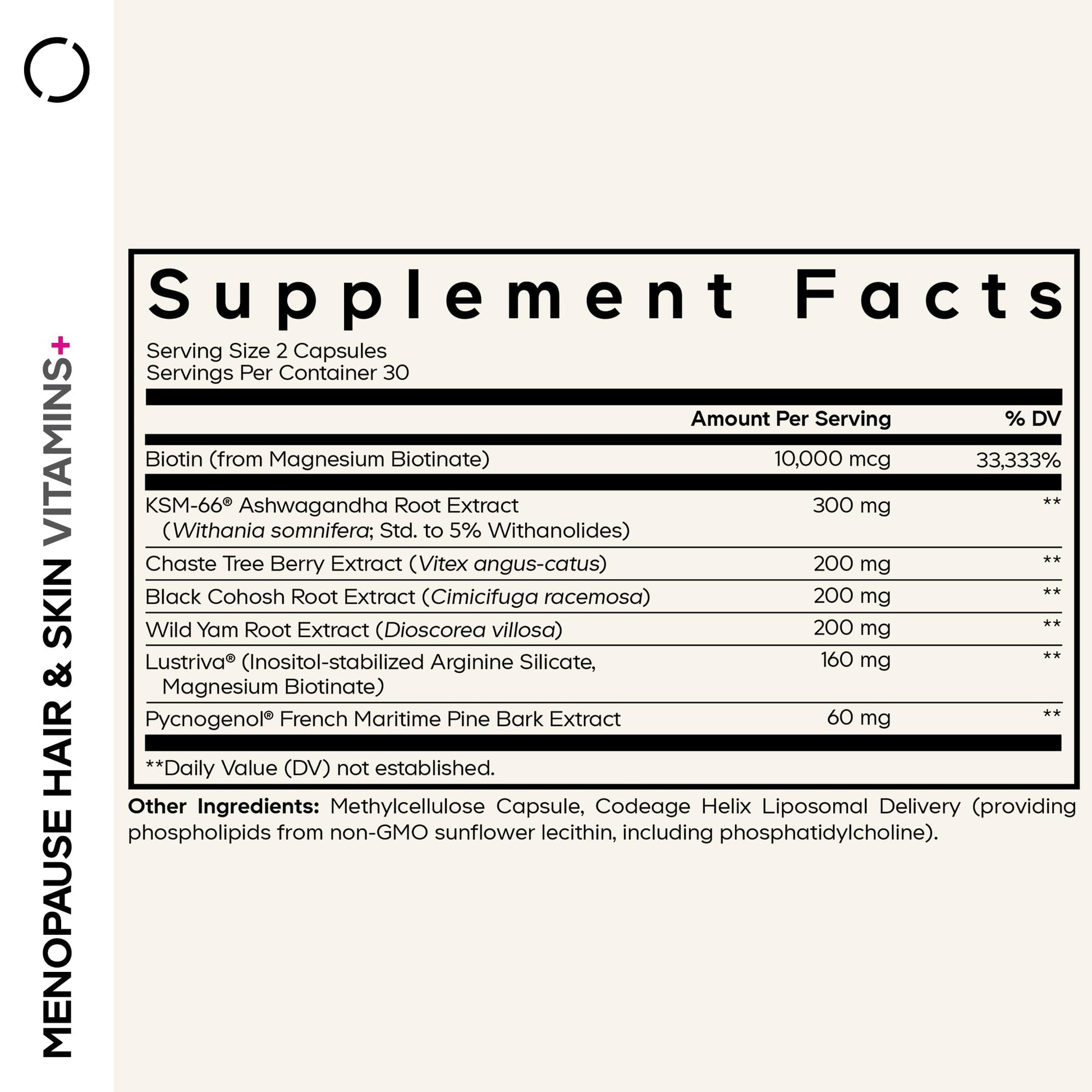 Codeage Menopause Hair & Skin Vitamins+ - Patented Lustriva, Pycnogenol, KSM-66 Ashwagandha - Hair Density Skin Perimenopause Support - Menopause Supplement - 10,000 Mcg Biotin, Wild Yam - 60 Capsules Codeage uk supplements