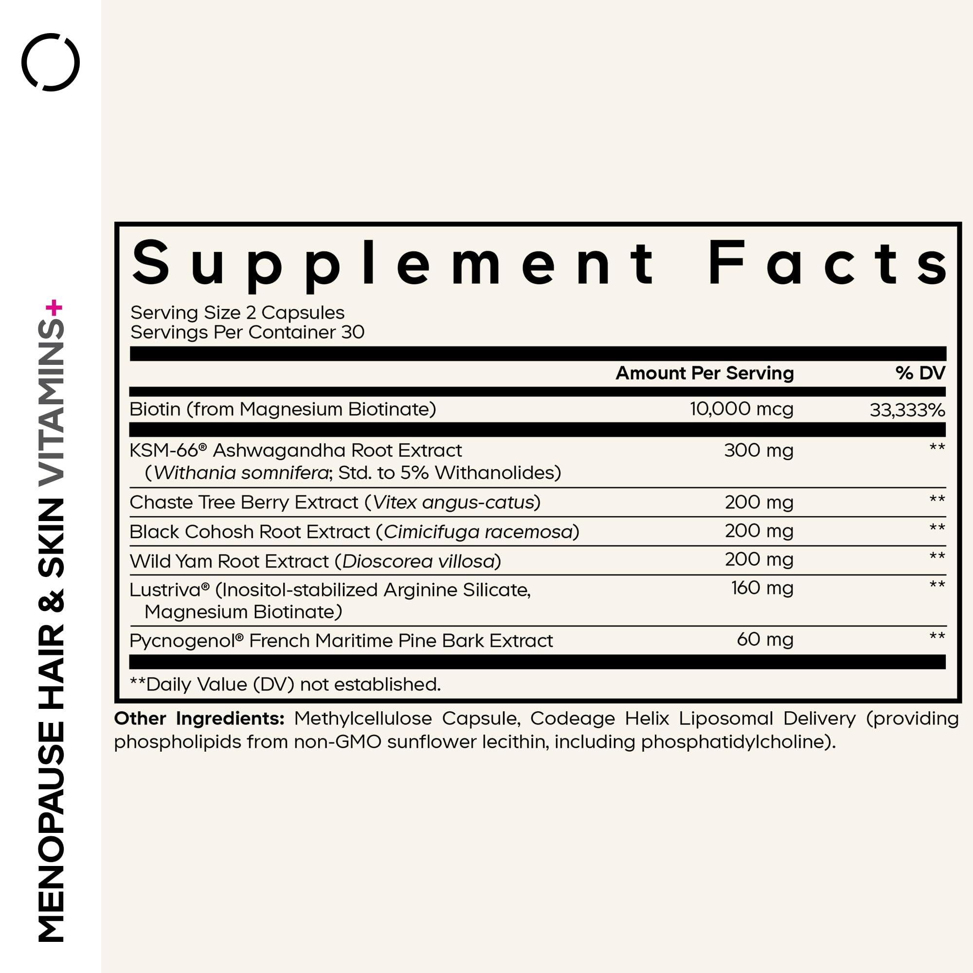 Codeage Menopause Hair & Skin Vitamins+ - Patented Lustriva, Pycnogenol, KSM-66 Ashwagandha - Hair Density Skin Perimenopause Support - Menopause Supplement - 10,000 Mcg Biotin, Wild Yam - 60 Capsules Codeage uk supplements