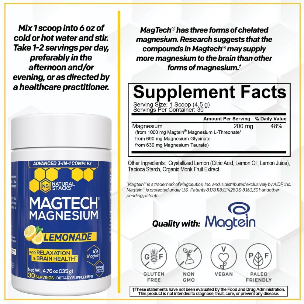 Magtein Magnesium L-Threonate, Glycinate & Taurate - MagTech Magnesium Powder - Sugar Free Lemonade Drink - 200mg Chelated Triple Complex - Supports Relaxation & Brain Health* - 30 Servings NATURAL STACKS uk supplements