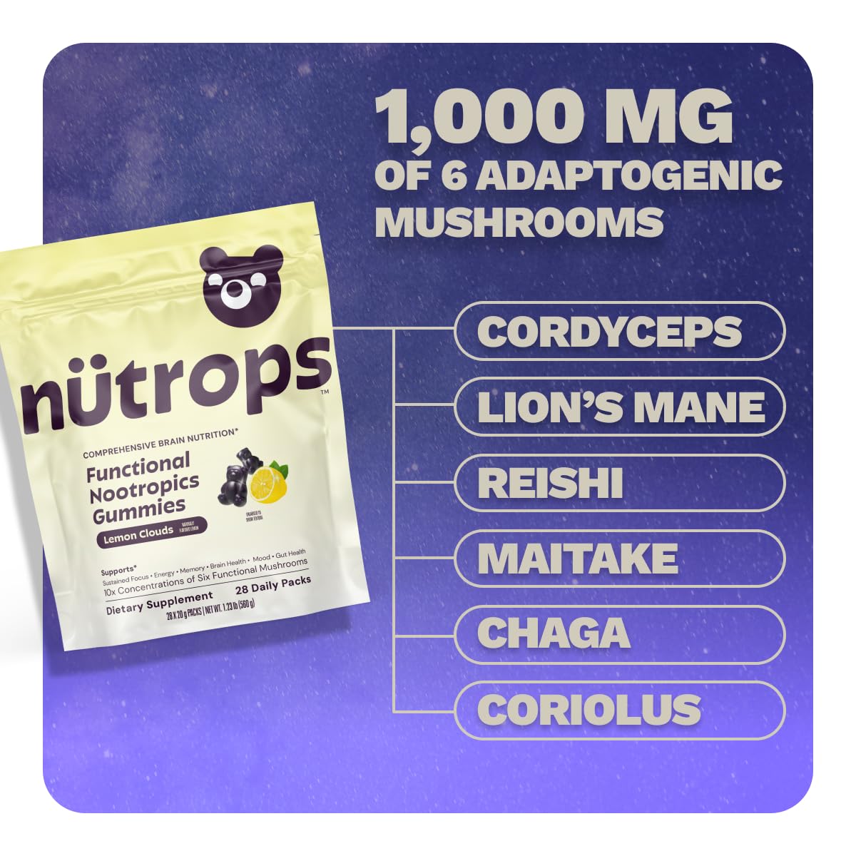 Nutrops Lions Mane Mushroom Gummies for adults, Functional Nootropics, Herbal Brain Supplement for Energy, Brain Health, Cognitive, Memory & Focus, Reishi, Chaga, Cordyceps, Coriolus, 28 daily Packs Grüns uk supplements