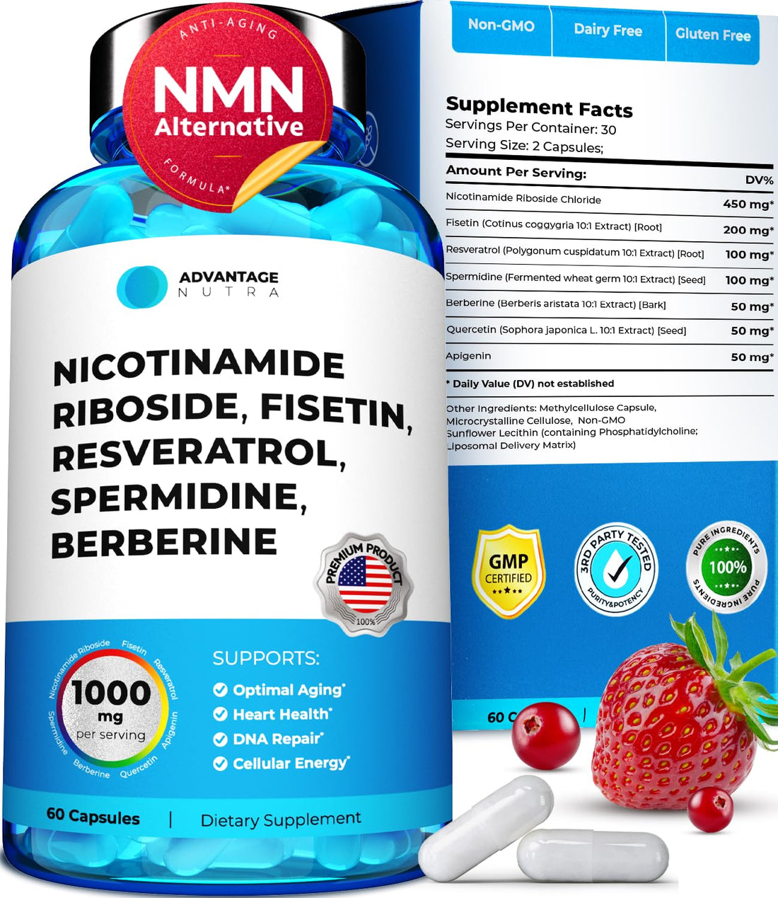 AdvantageNutra Liposomal Nicotinamide Riboside NR Supplement Resveratrol NAD : Nicotinamide 500mg w/Fisetin, Resveratrol Powder Spermidine Berberine NAD Resveratrol Supplement 500 mg - 60 caps 1 Pack AdvantageNutra uk supplements