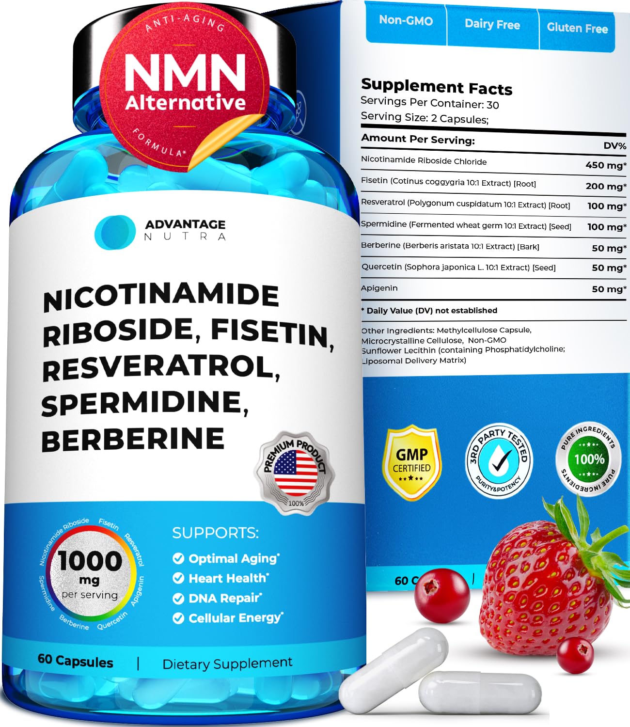 AdvantageNutra Liposomal Nicotinamide Riboside NR Supplement Resveratrol NAD : Nicotinamide 500mg w/Fisetin, Resveratrol Powder Spermidine Berberine NAD Resveratrol Supplement 500 mg - 60 caps 1 Pack AdvantageNutra uk supplements