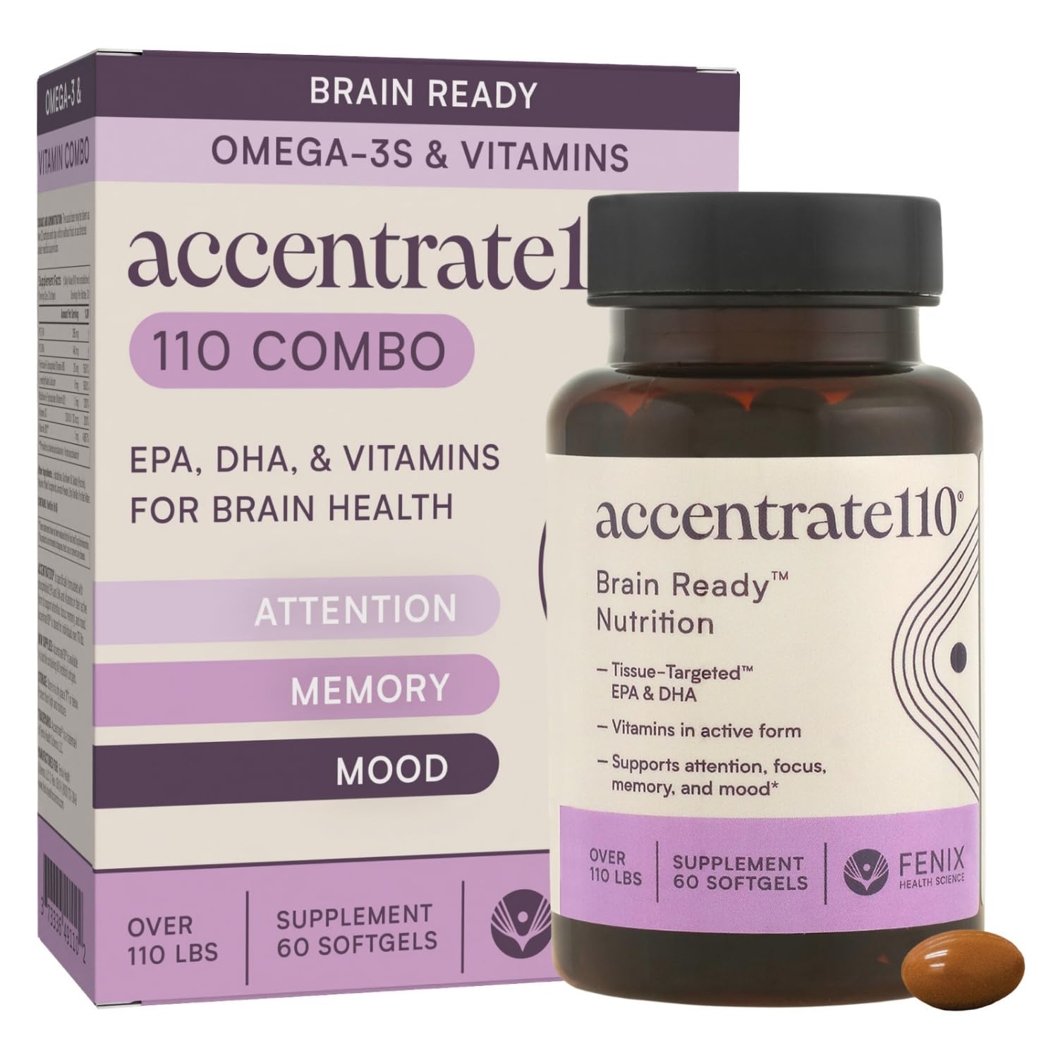 Accentrate110 - Focus Supplement - Methylated Vitamin B Complex with Omega 3 Fatty Acid Supplement - L-Methylfolate, Vitamin B12, P-5-P, Riboflavin, VIT D, – 60 Softgels (1 Month Supply) Accentrate uk supplements