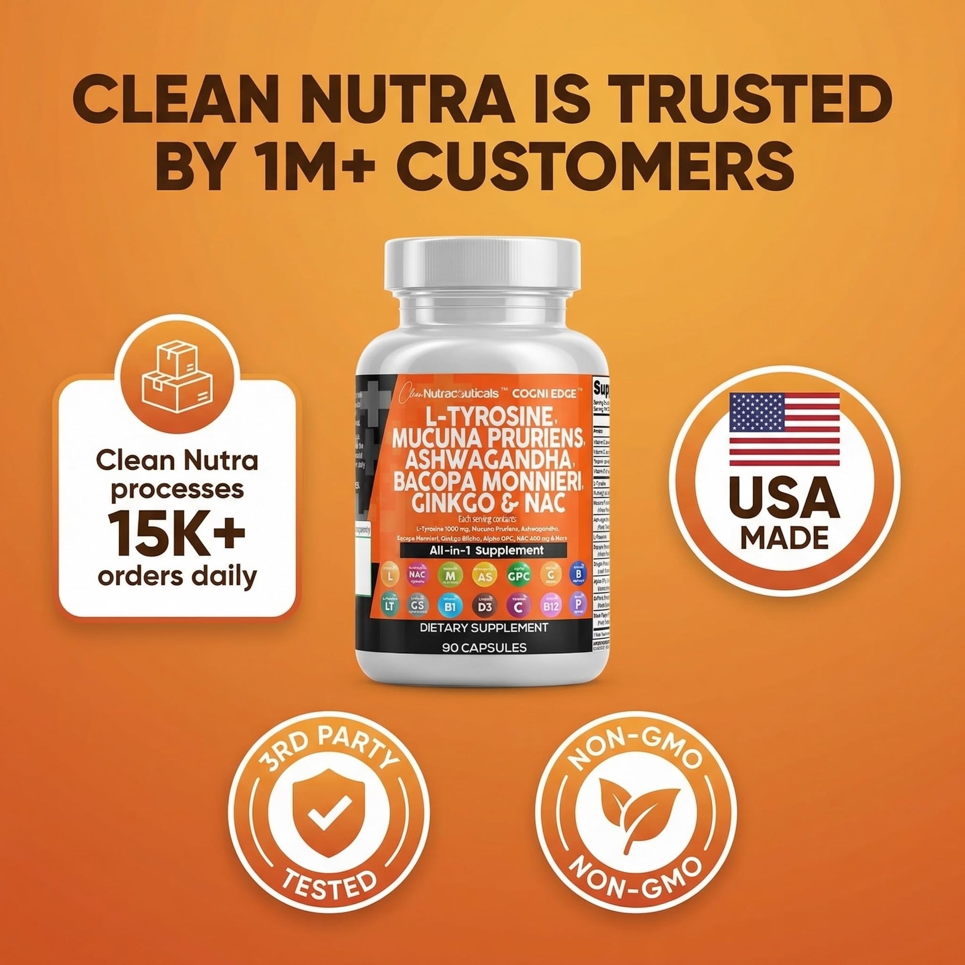 Clean Nutraceuticals L Tyrosine Mucuna Pruriens Bacopa Monnieri Ashwagandha Focus Supplement w/N-Acetyl Cysteine NAC 5-HTP Ginkgo Biloba Alpha GPC Vitamin C D B1 B12 Clean Nutraceuticals uk supplements