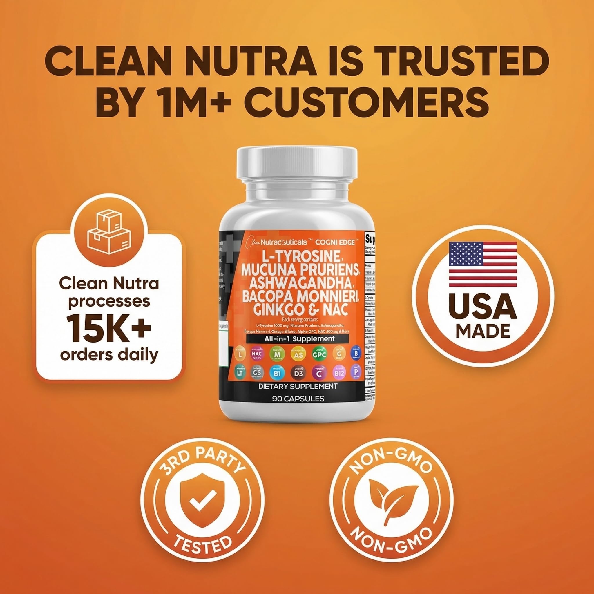 Clean Nutraceuticals L Tyrosine Mucuna Pruriens Bacopa Monnieri Ashwagandha Focus Supplement w/N-Acetyl Cysteine NAC 5-HTP Ginkgo Biloba Alpha GPC Vitamin C D B1 B12 Clean Nutraceuticals uk supplements