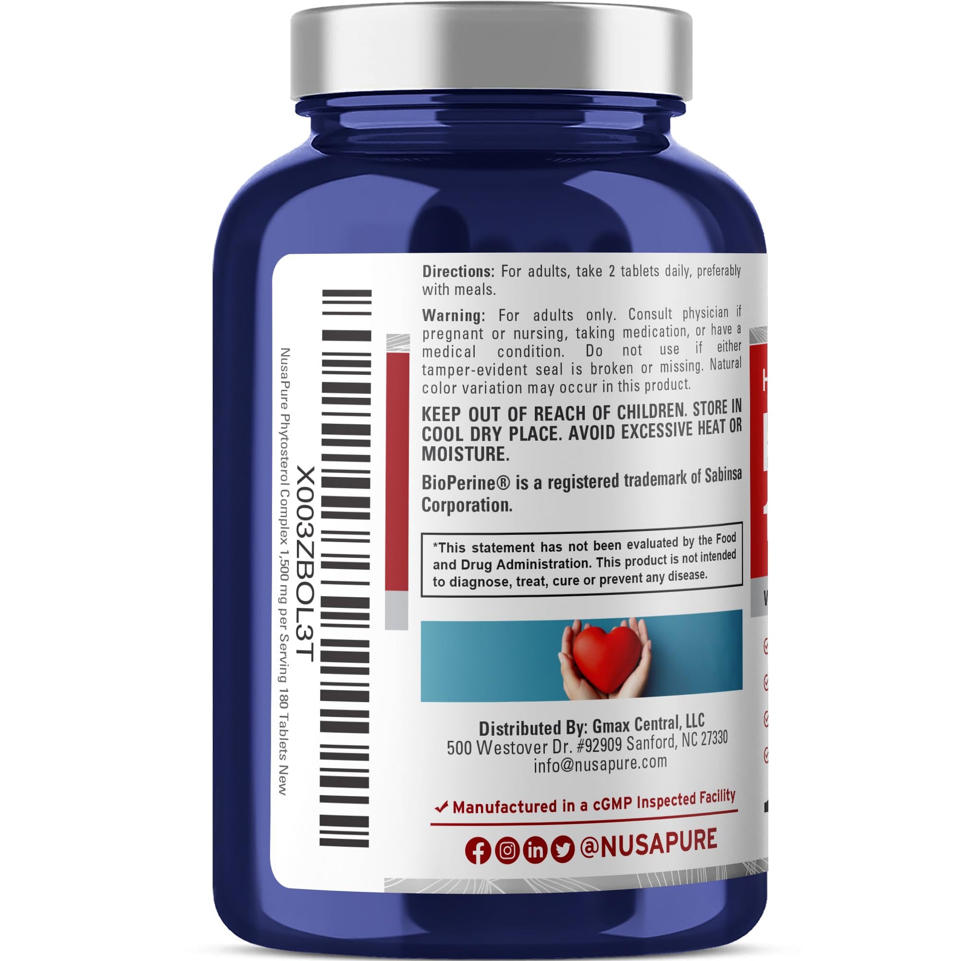 NusaPure Plant Sterols 1500 mg - 180 Tablets (Non-GMO, Vegan) Beta Sitosterol, Bioperine NusaPure uk supplements