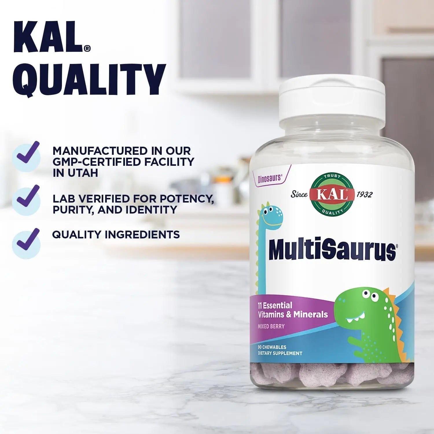 KAL MultiSaurus Kids Chewable Multivitamins, 11 Essential Vitamins and Minerals for Kids, Mixed Berry Flavor, Gluten and Preservative Free KAL uk supplements