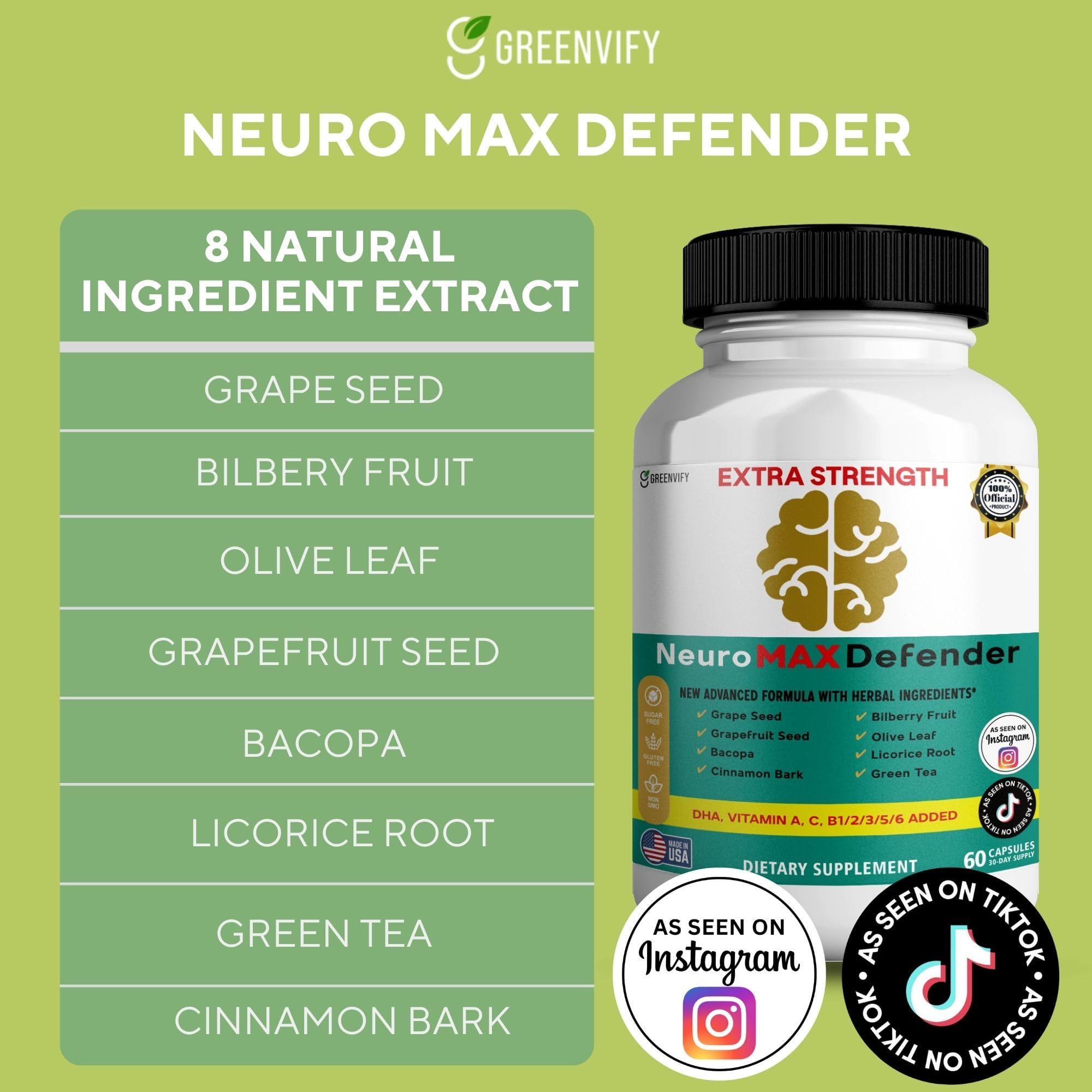 GREENVIFY NeuroMAX Defender Extra Strength Brain Support Supplement with Herbal Blend, 60 Capsules, DHA, B12, Vitamins A C D E, Selenium, 30-Day Supply (1) GREENVIFY uk supplements