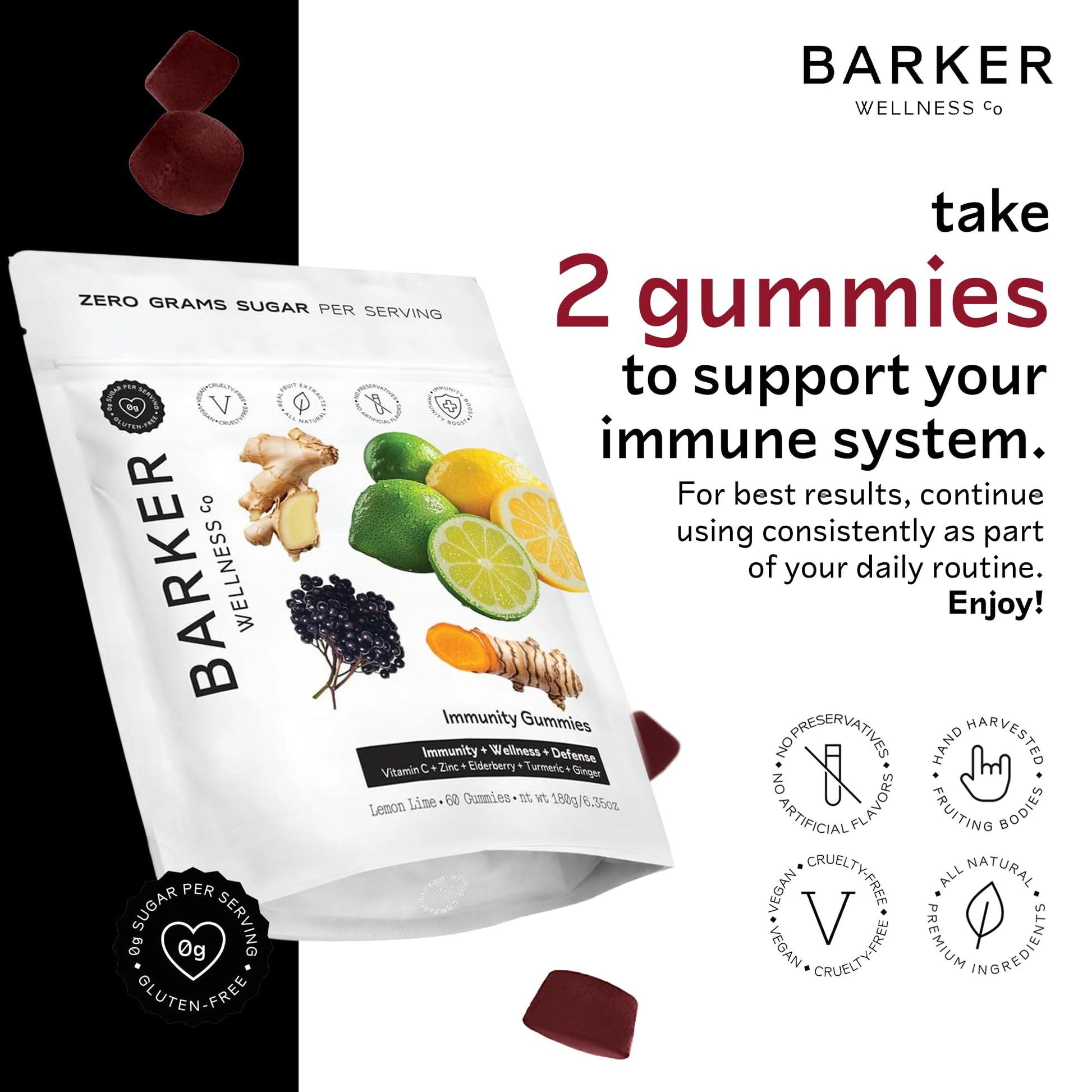 Barker Wellness Immunity Gummies with Vitamin C, Zinc, Elderberry, Turmeric & Ginger for Daily Immune Support | Vegan, Sugar-Free, Lemon-Lime Flavor | Seasonal Wellness Essentials, 60 Count Barker Wellness Co uk supplements