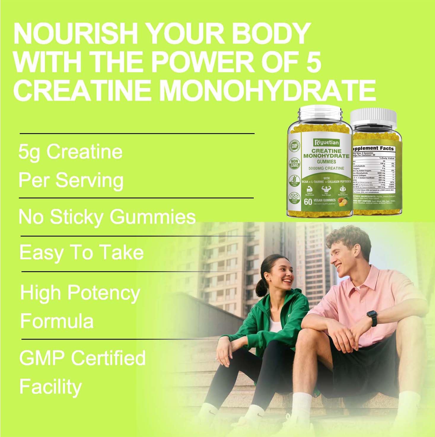 Riyuetian Creatine Monohydrate Gummies, Creatine for Men & Women, Chewable Creatine for Enhancing Focus and Endurance, 5g Creatine per Serving, Sugar-Free, 60 Count Riyuetian uk supplements