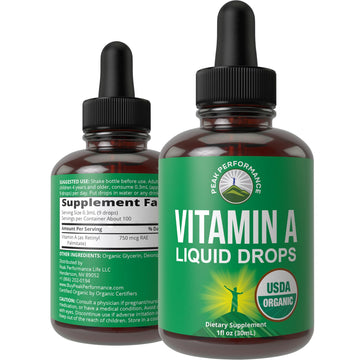 USDA Organic Vitamin A Liquid Drops Supplement. Vegan High Bioavailability for Eye, Skin + Bone Health. for Adults, Men, Women, Kids. Vit A Oil Retinyl Palmitate. Gluten Free, Zero Sugar. 100 Servings Peak Performance uk supplements