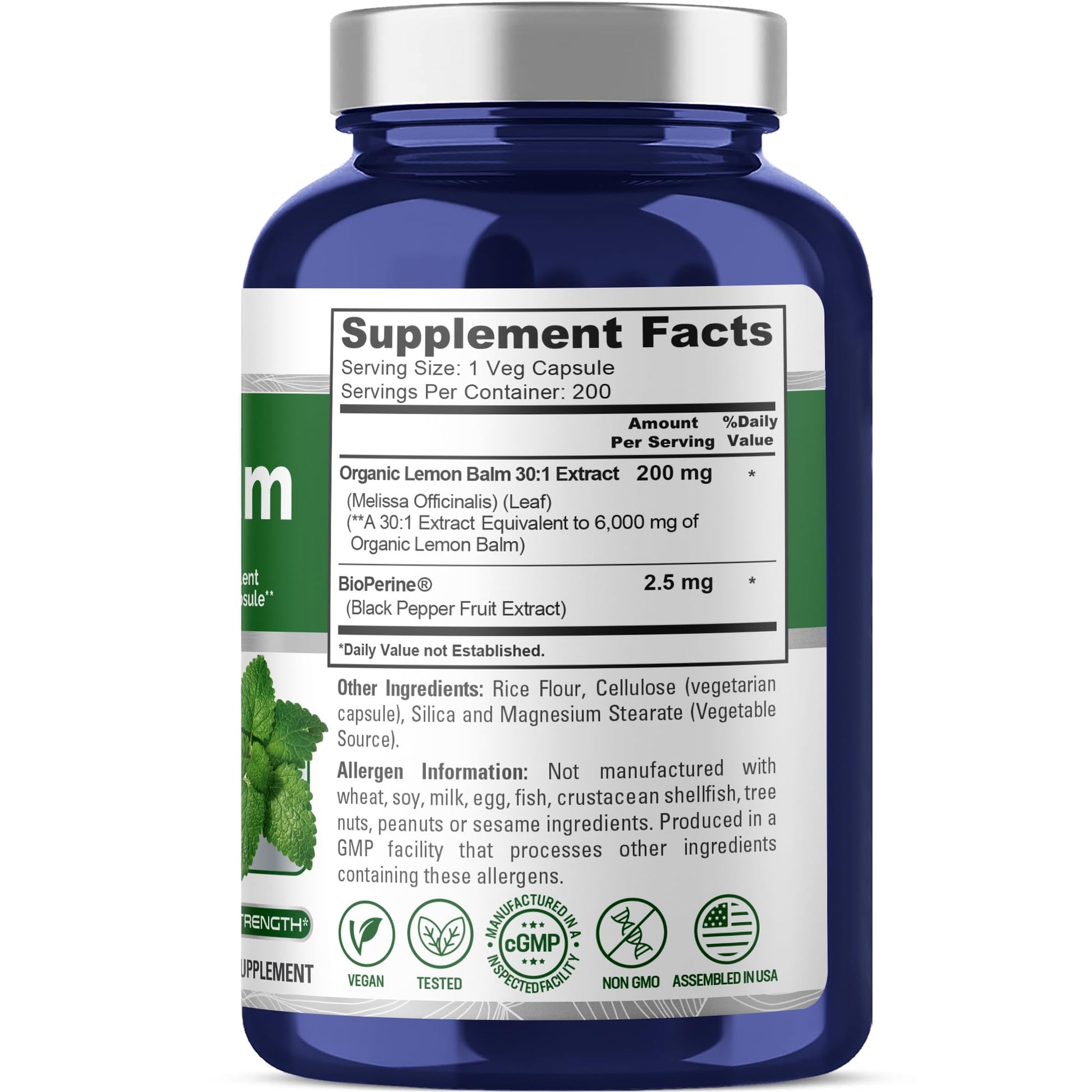 NusaPure Lemon Balm 30:1 Extract, 200 mg Equivalent to 6000mg Per Vegan Caps - 200 Count Non-GMO, Vegan Bioperine NusaPure uk supplements