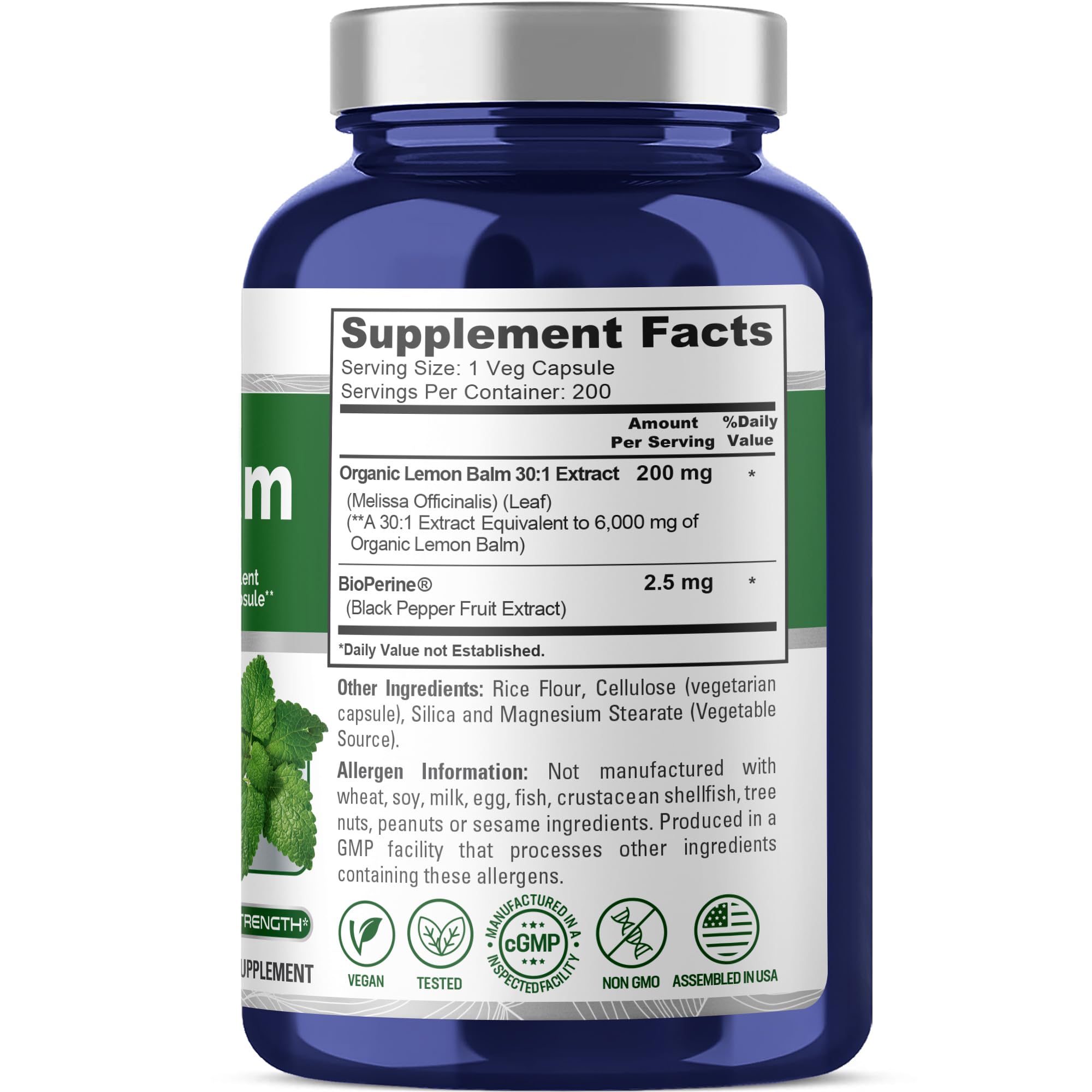 NusaPure Lemon Balm 30:1 Extract, 200 mg Equivalent to 6000mg Per Vegan Caps - 200 Count Non-GMO, Vegan Bioperine NusaPure uk supplements