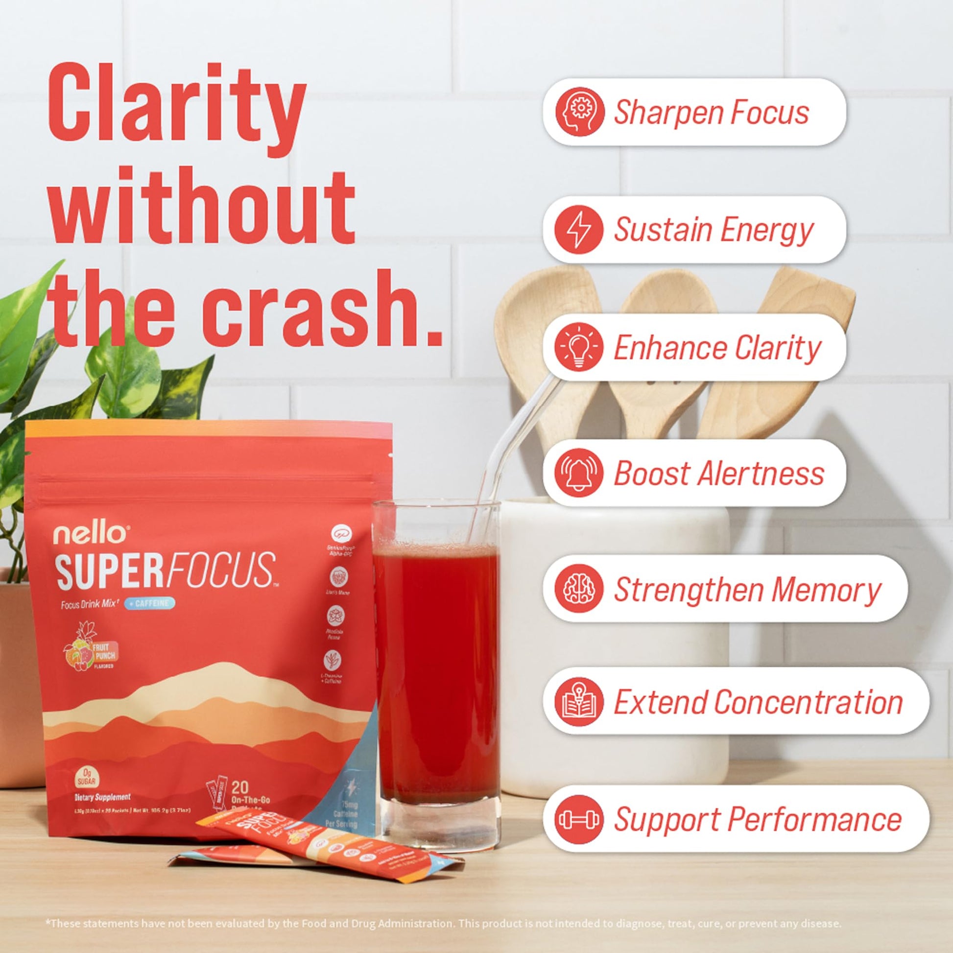 Nello Superfocus – Nootropic Focus Drink Mix for Productivity, Caffeine, L-Theanine, Rhodiola Rosea, Alpha-GPC, Lion’s Mane, Tyrosine, Sugar-Free Packets - With Caffeine (Pack of 20) (20 Servings (Caffeine), Fruit Punch) Nello uk supplements