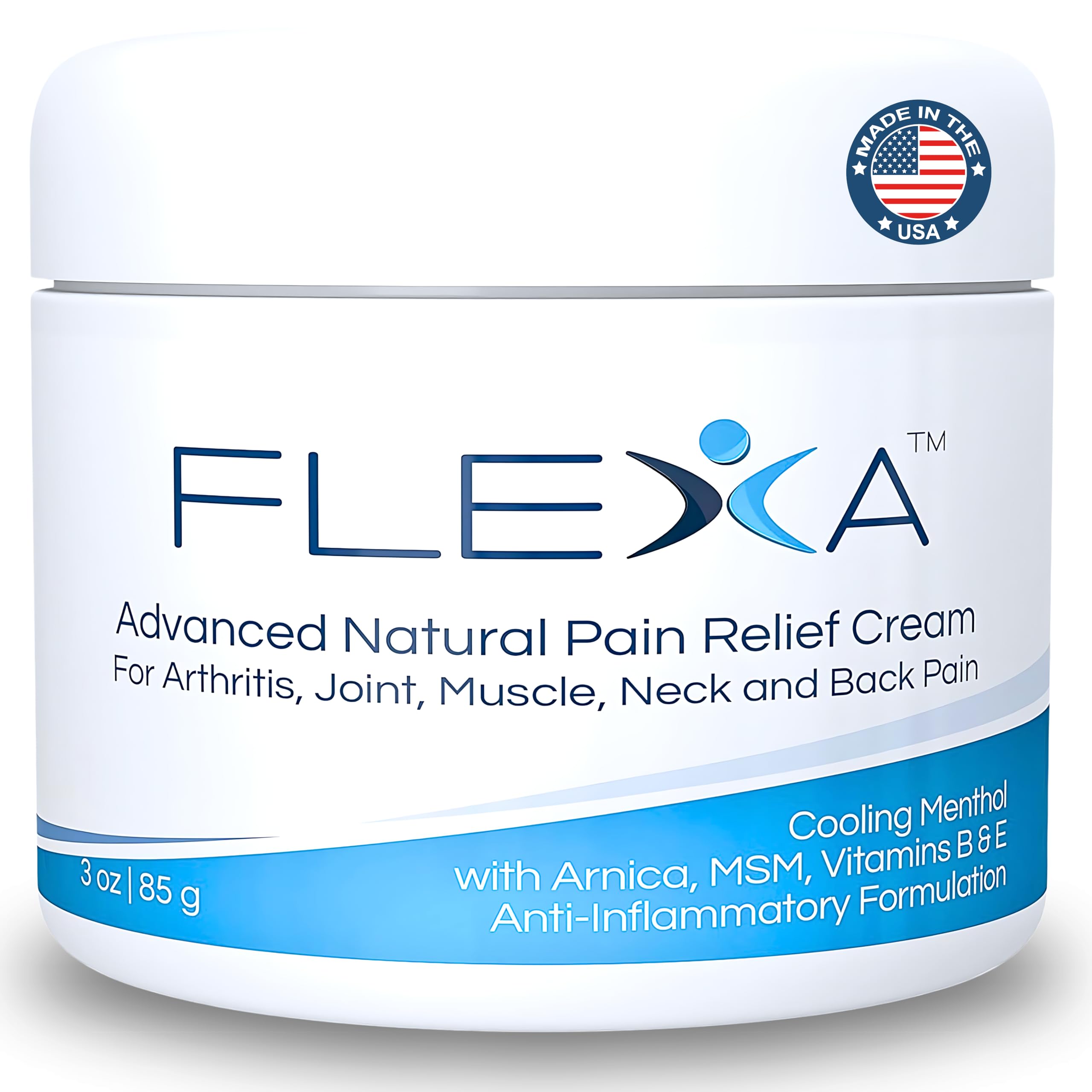 FLEXA Natural Relief Cream - Use on Muscles, Back, Neck, and Joints - with Arnica, Menthol, MSM, Ilex Leaf, and Tea Tree Oil - 3 Oz Jar FLEXA uk supplements