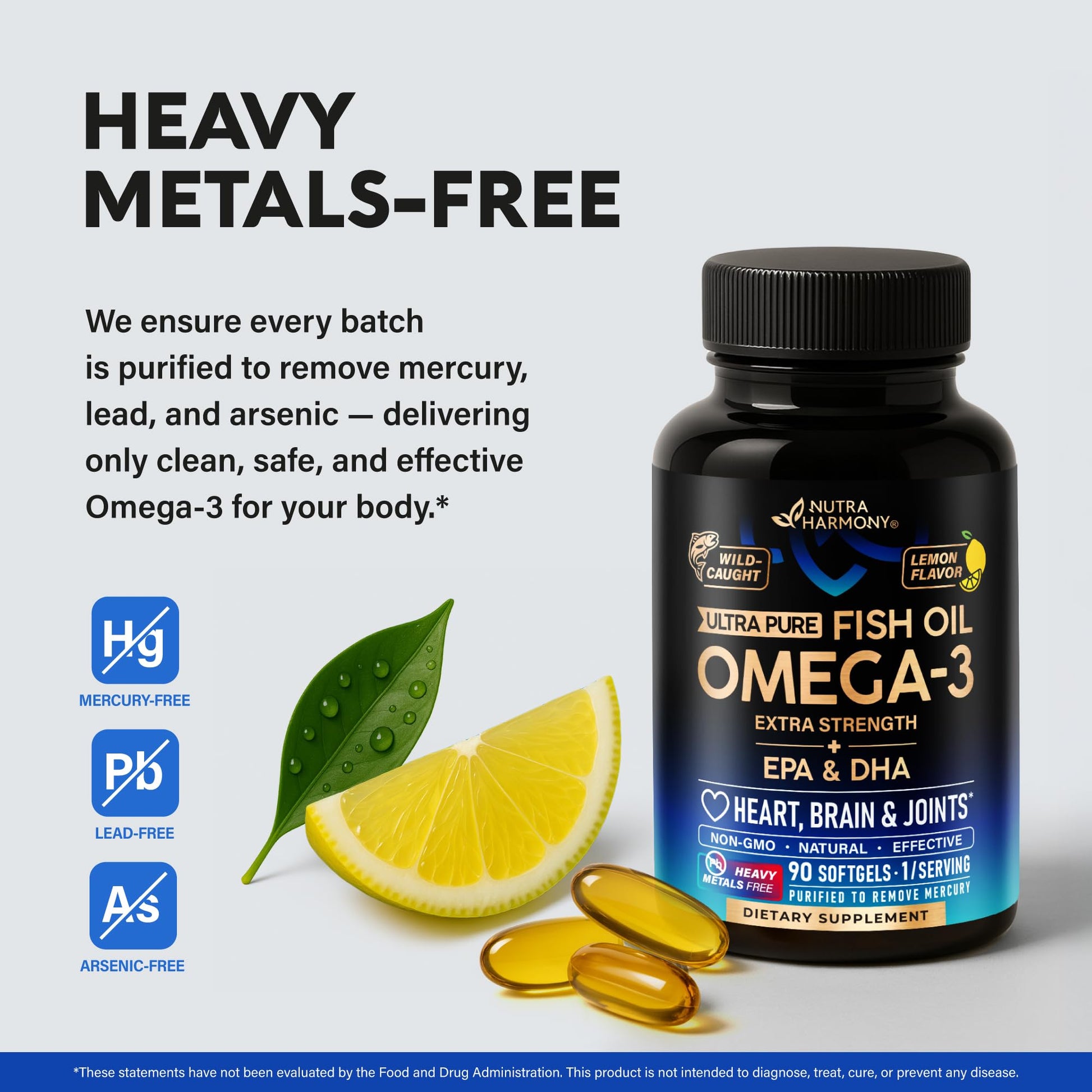 Omega 3 Fish Oil 3600 mg - Omega 3 Supplement | EPA & DHA - Heavy Metals Free - Heart, Brain & Joint Support - Purified Fish Oil for Men & Women - Lemon Flavored - Made in USA, 90 Softgels NUTRAHARMONY uk supplements
