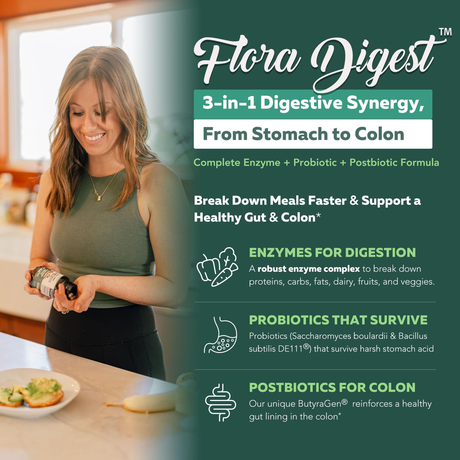 Flora Digest - 3-in-1 Max Strength Digestive Enzymes + Gut Surviving Probiotics & ButyraGen® Postbiotic for Optimal Digestion, Bloating Relief, Regularity, Gut Lining & Colon Support - (30 Capsules) Triquetra Health uk supplements