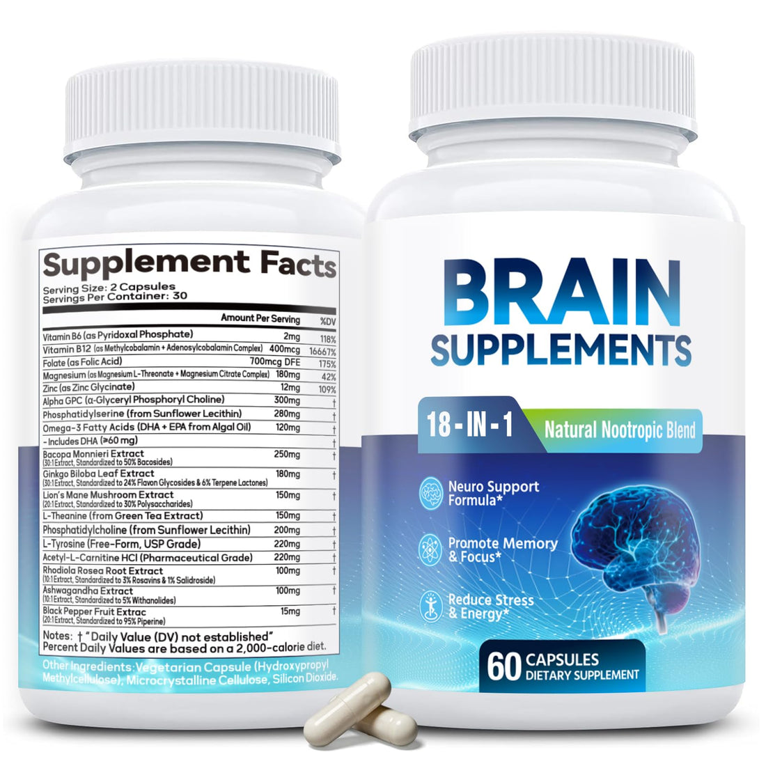 18-in-1 Brain Supplement for Memory and Focus – Nootropic Capsules with Alpha GPC, Bacopa, Ginkgo Biloba, Lion's Mane, Vitamin B6 & B12 | Cognitive Health, Mental Clarity | Vegan, Non-GMO Fenolutra uk supplements