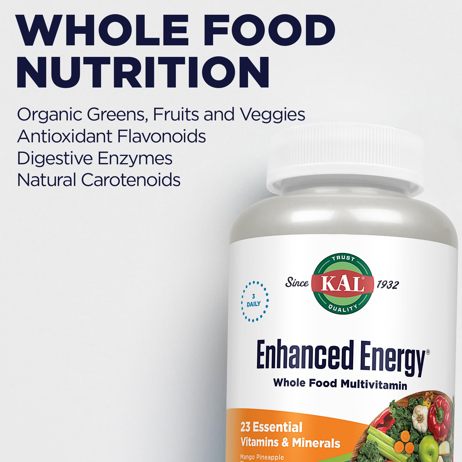 KAL Enhanced Energy Supplements, Whole Food Chewable Multivitamin with Iron, 3 Daily, 23 Essential Vitamins and Minerals, Super Foods, Enzymes, Mango Pineapple Flavor, 60-Day Guarantee, 20 Serv, 60ct KAL uk supplements