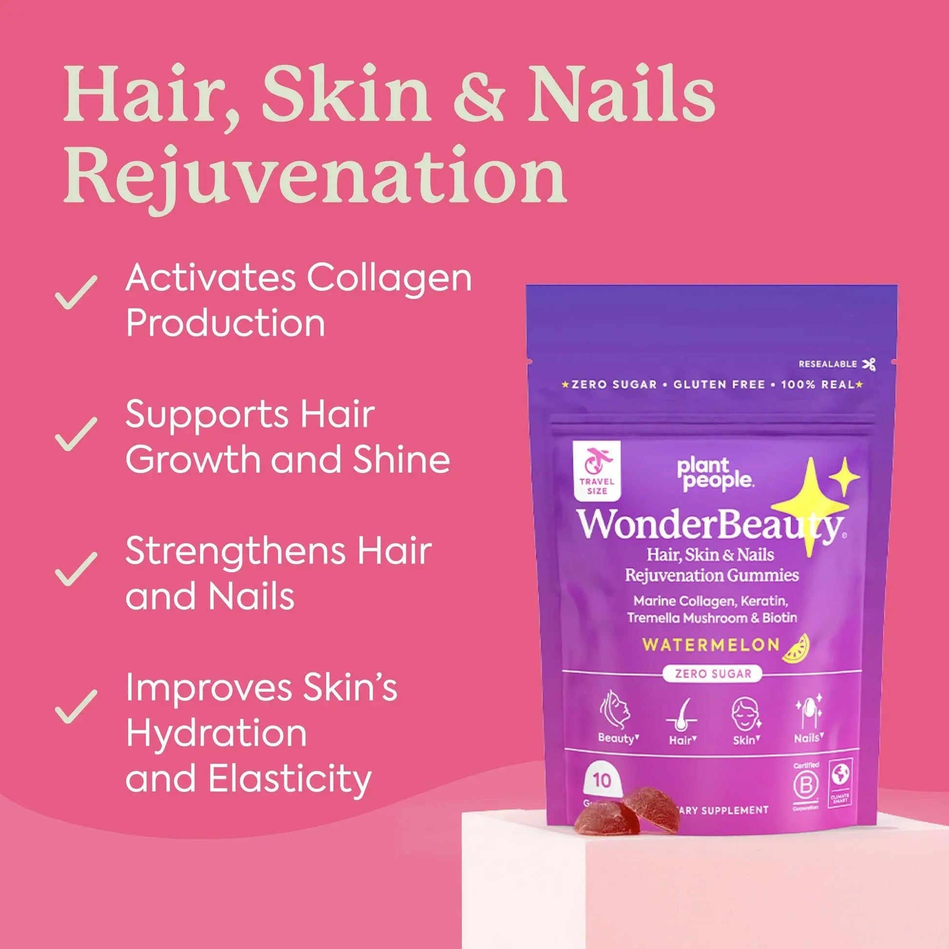 Plant People WonderBeauty Hair, Skin & Nails Rejuvenation Gummies with Tremella Mushroom, Marine Collagen Peptides, Keratin, & Biotin Plant People uk supplements
