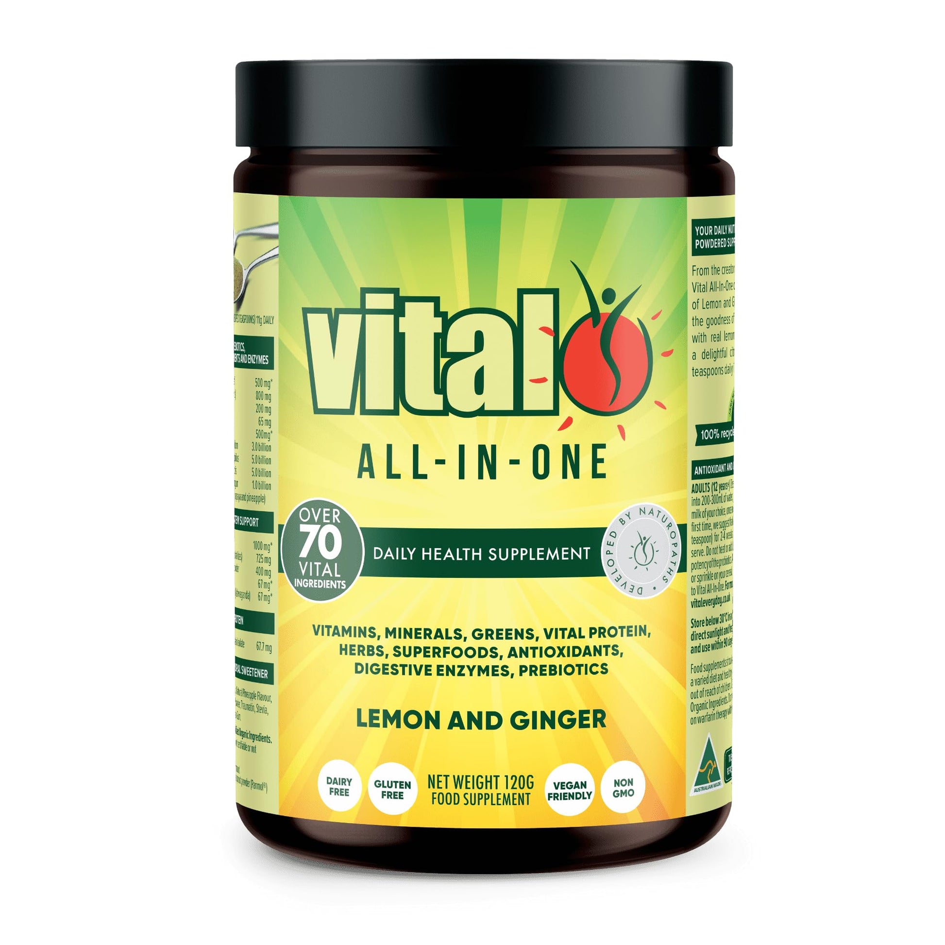 Vital All-in-One Daily Powdered Supplement - Natural Greens Superfood Powder for Energy & Health, Super Greens Powder Drink Mix with Probiotic & Antioxidant Support - Lemon & Ginger, 4.23 oz (120 g) Vital uk supplements