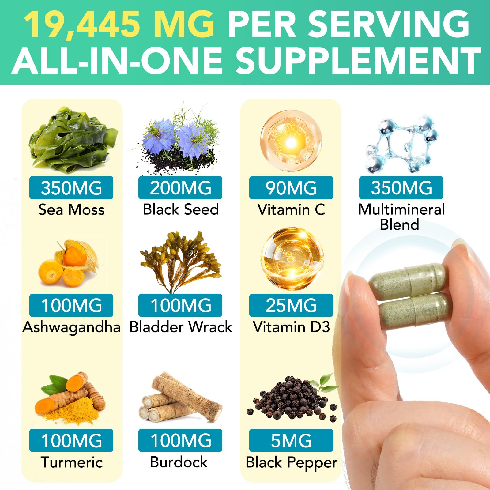 Sea Moss Black Seed Oil Ashwagandha Ginger Capsules, Seamoss Capsules Supplement with Bladderwrack Burdock & Vitamin C Vitamin D3 for Women & Men-Enhanced Immunity,60 Counts Vceeoy uk supplements