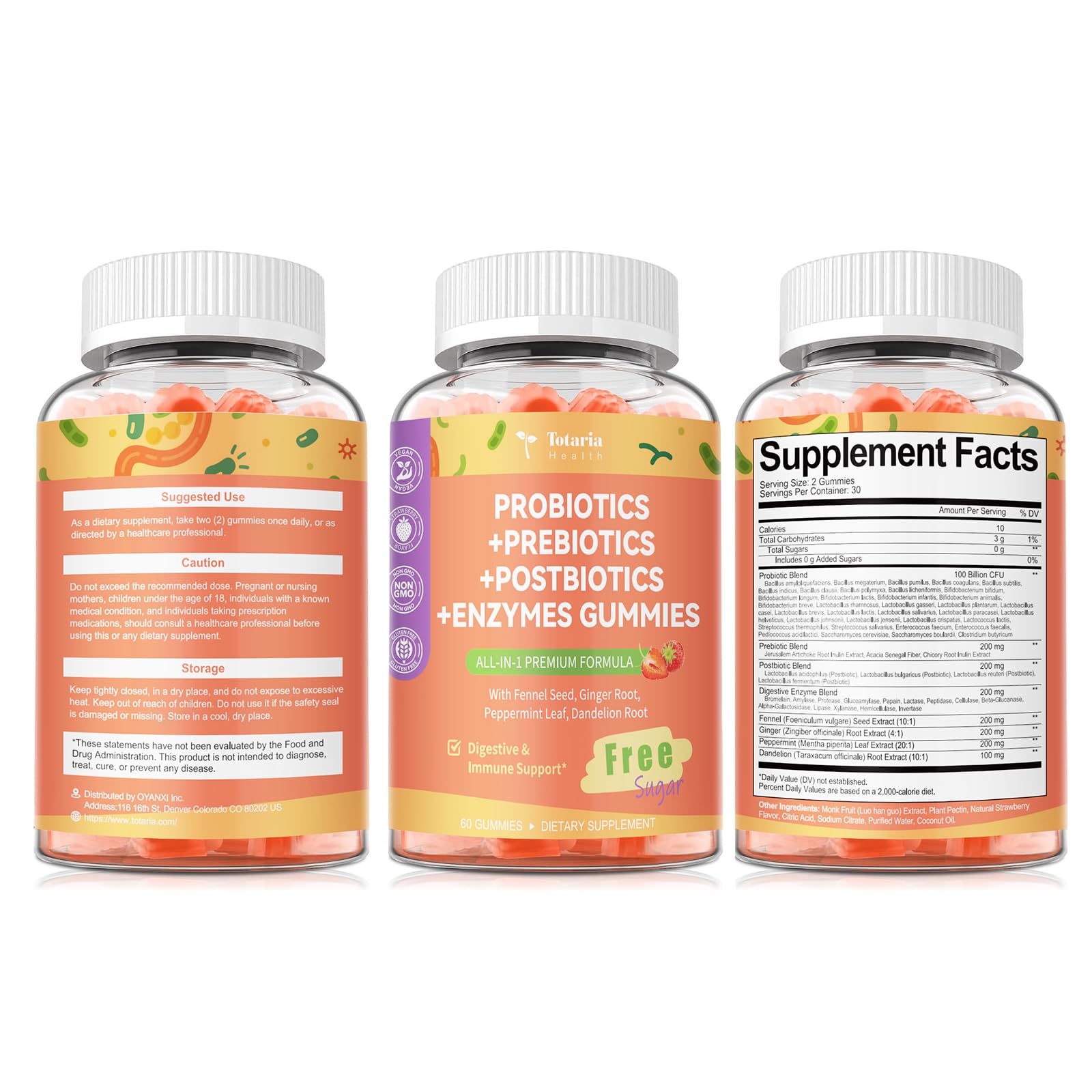 (2 Packs) Totaria Sugar Free 5-in-1 Probiotic Prebiotic Postbiotic Gummy, Probiotics for Women Men with Digestive Enzymes, Peppermint, Complete Immune, Gut & Digestive Support, Vegan Strawberry Flavor Totaria uk supplements