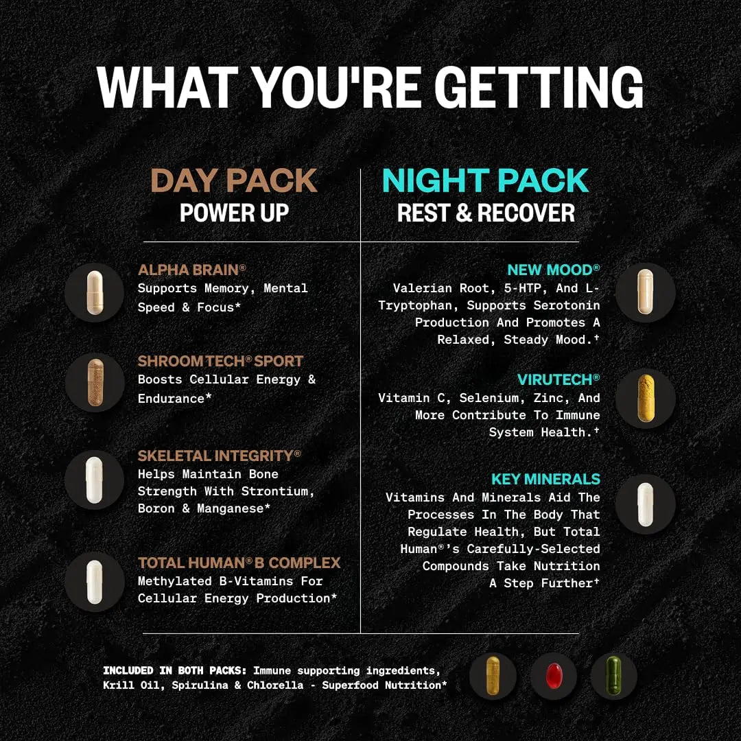 ONNIT Total Human Adult Multivitamin Dietary Supplement Comprehensive Capsule Packs with Day and Night Support ONNIT uk supplements