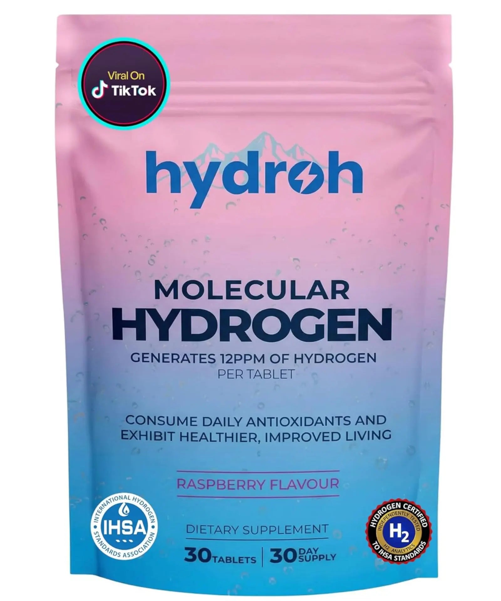 Hydrogen Water Tablets, Molecular Hydrogen Tablets for Drinking Water, Antioxidant-Rich, Supports Brain Energy & Health - Quick-Dissolving - Raspberry H2 Tabs hydroh uk supplements