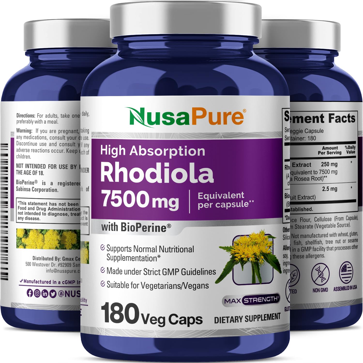 NusaPure Rhodiola Rosea 7,500mg 180 Veggie Capsules (Non-GMO, Extract 30:1, Vegan & Gluten-Free) Bioperine NusaPure uk supplements