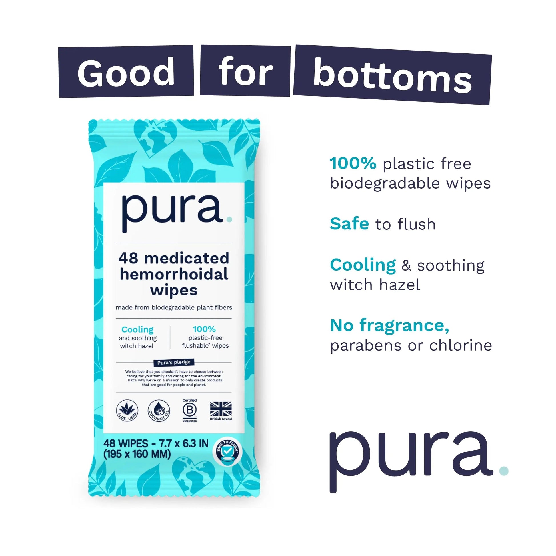 Pura Flushable Hemorrhoid Wipes XL, 48 Count, Medicated with Cooling Witch Hazel, Aloe & Coconut Oil, Fast Relief, Fragrance-Free, 100% Plastic-Free Pura uk supplements