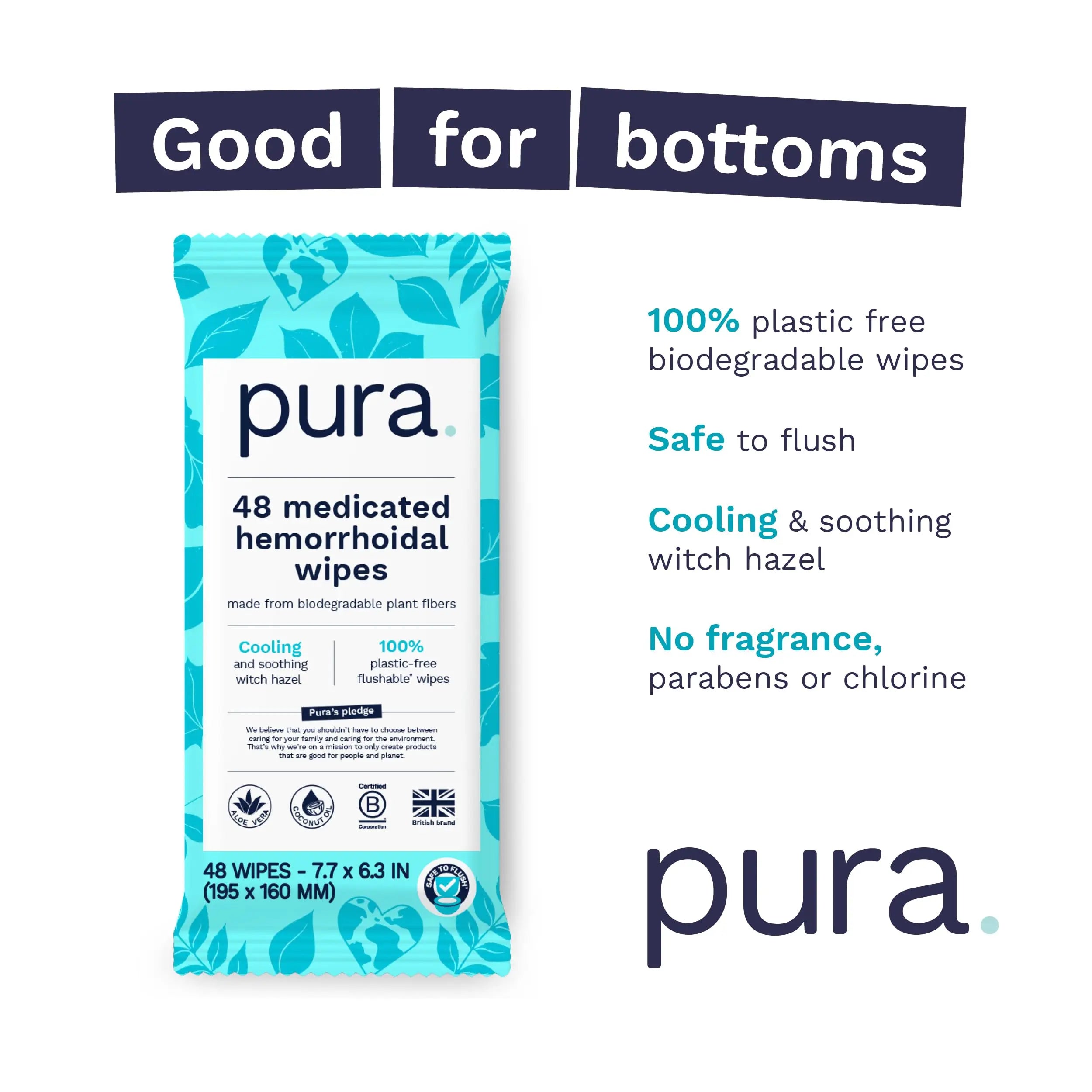 Pura Flushable Hemorrhoid Wipes XL, 48 Count, Medicated with Cooling Witch Hazel, Aloe & Coconut Oil, Fast Relief, Fragrance-Free, 100% Plastic-Free Pura uk supplements