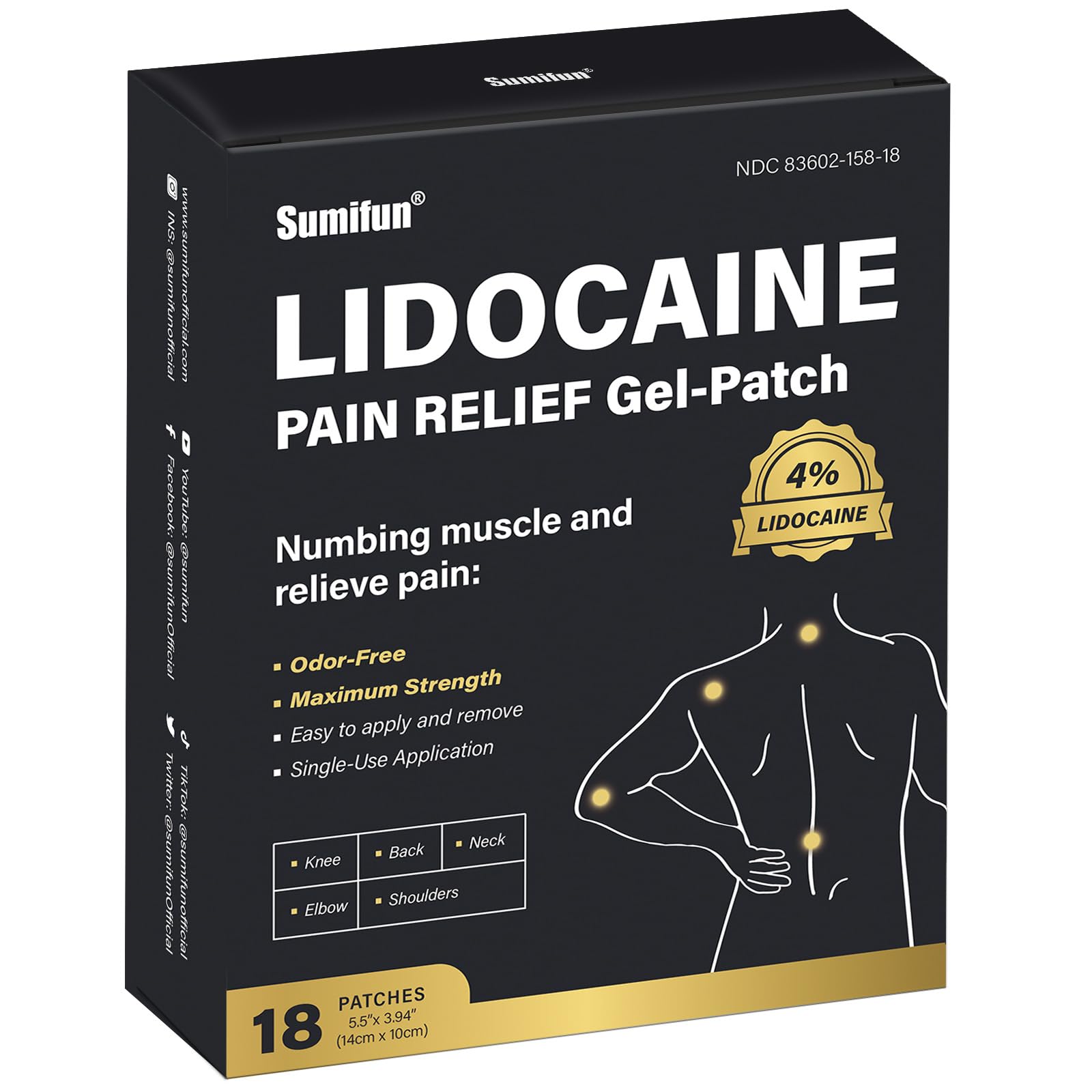 Sumifun 4% Lidocaine Pain Relief Patches - 18 Count Patches for Back, Shoulder, Muscle, Joints, Knee Pain Relief - Lower Back Pain Relief Products - Pain Patches Maximum Strength Lidocaine Sumifun uk supplements