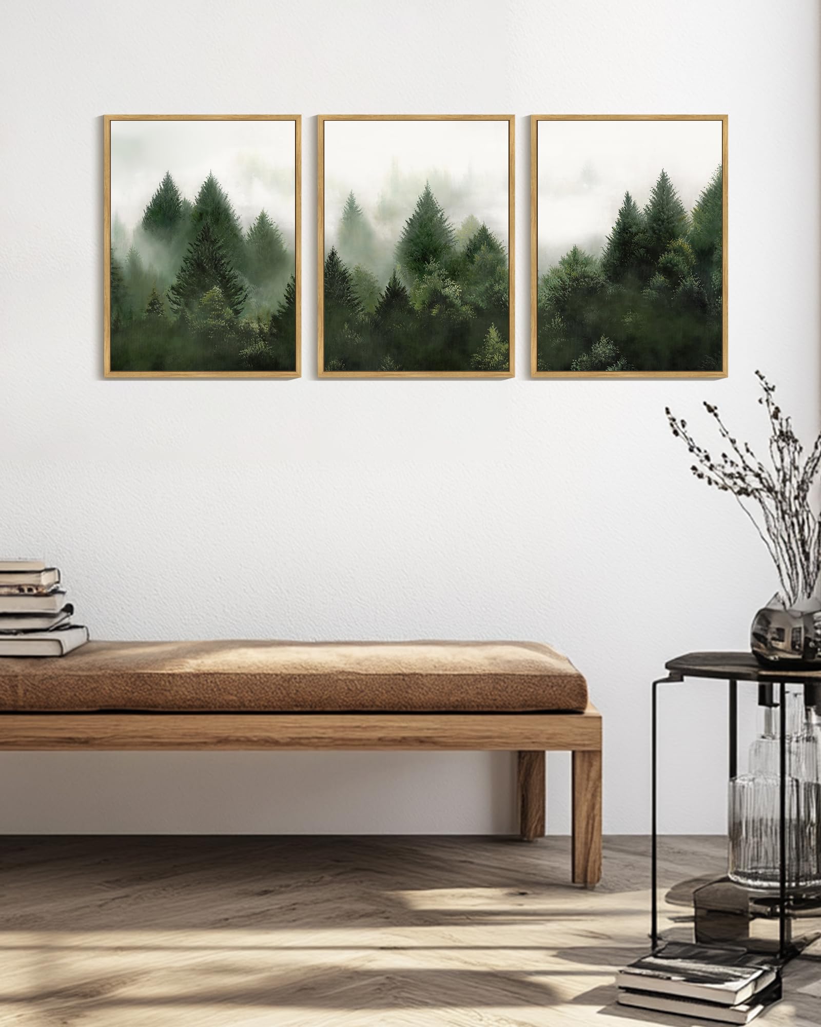 KUVIOKE Morden Green Fog Pine Tree Framed Canvas Wall Art Nature Nordic Forests Artwork Painting Bedroom Decor 12x16in (Natural Framed) KUVIOKE uk supplements