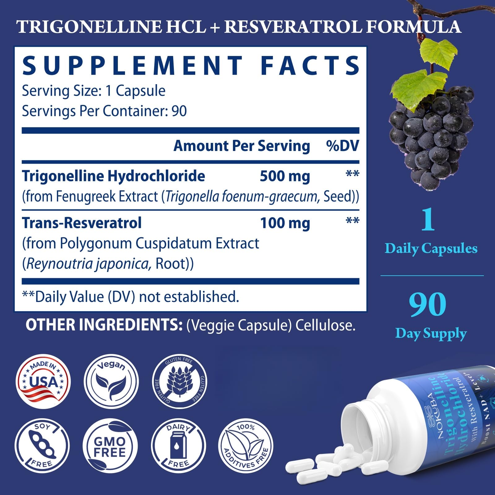 Nokuba NAD Supplement - NMNH Alternative with Trigonelline HCL 500mg & Resveratrol - NAD+ Precursors Plant Extraction - Support Cellular Energy & Healthy Aging & Brain for Women & Men - 90 Capsules Nokuba uk supplements