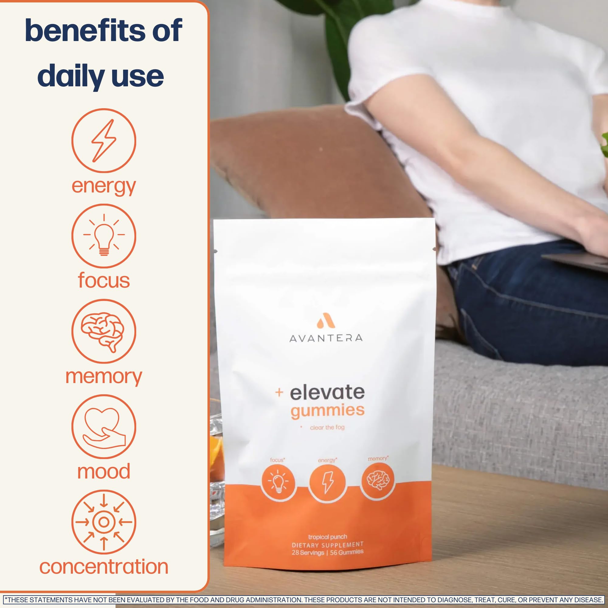 Avantera Elevate Gummies Premium Nootropic Supplement - Beat Brain Fog - Best Focus Supplements for Memory & Focus Support - Energy Without Crash - 60 Gummies for Women & Men Avantera uk supplements