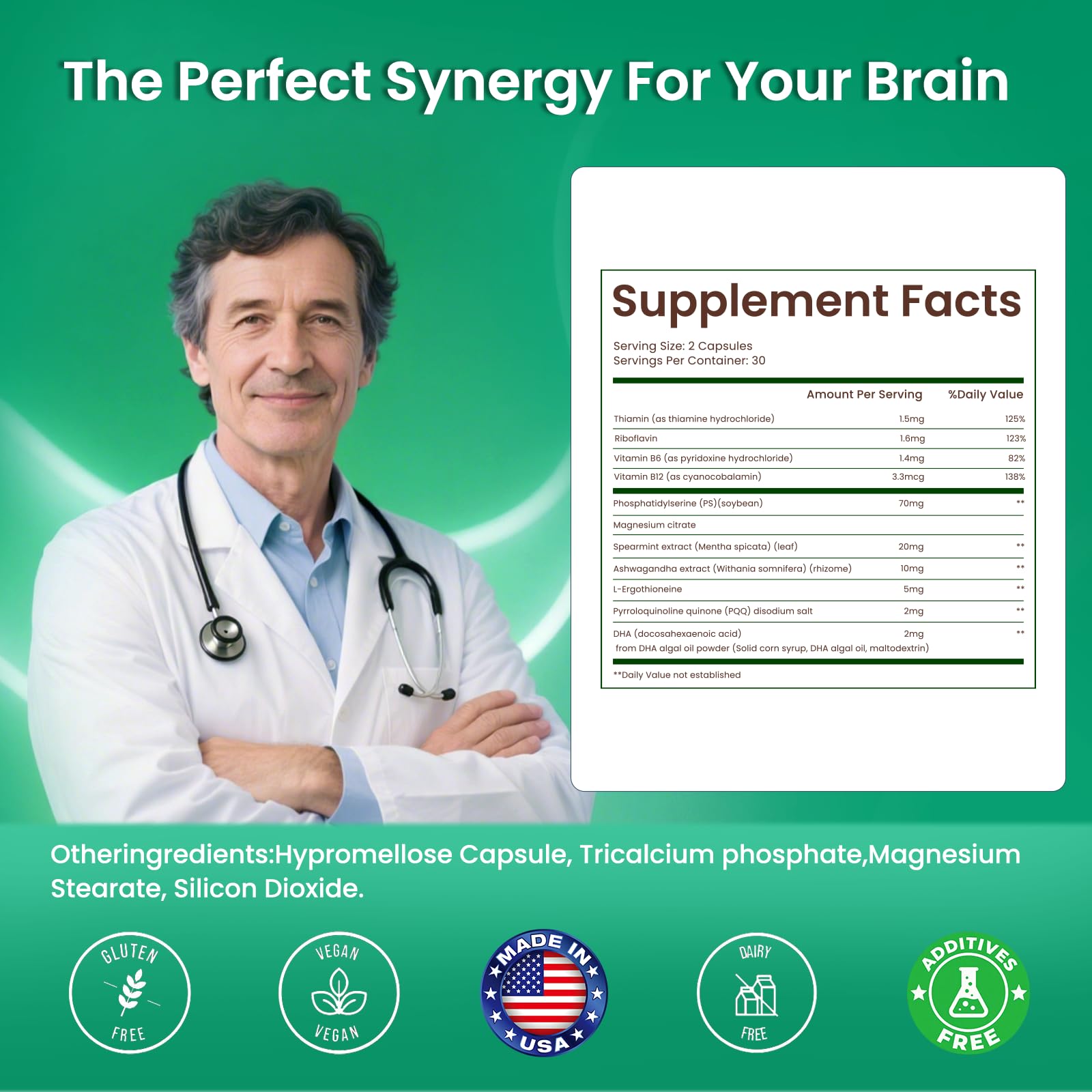 PhosphatidylSerine Memory & Focus Supplement with DHA, Spearmint, Magnesium & Ashwagandha – Brain Clarity, Stress Relief & Cognitive Support – Gluten-Free Vegan, 60 Capsules LIFEFRIEND uk supplements