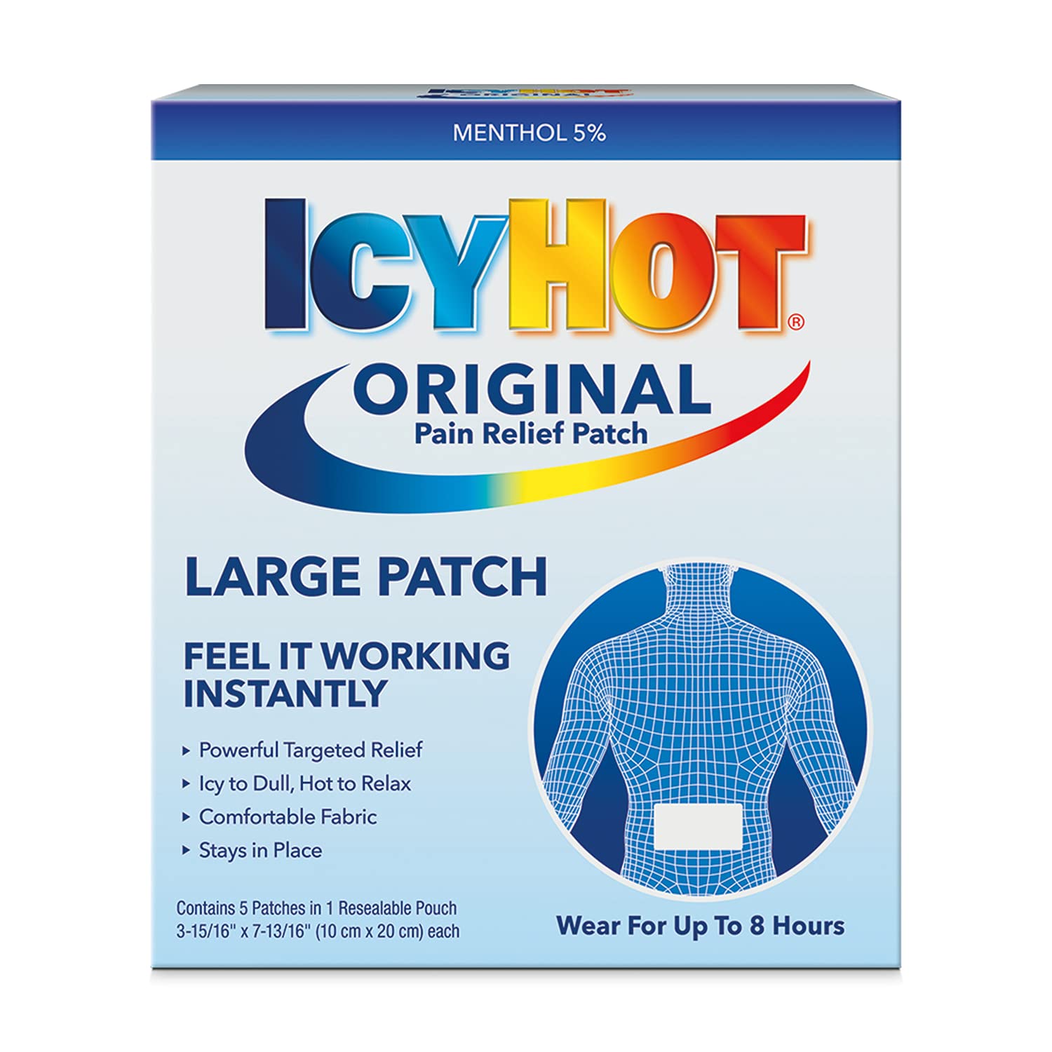 Icy Hot Original Pain Relief Patch, Large Size Comfortable Fabric Patches with Menthol 5%, Ice and Heat Contrast Therapy for Backaches, Joints, Muscle Strains and Arthritis, 5 ct. Icy Hot uk supplements