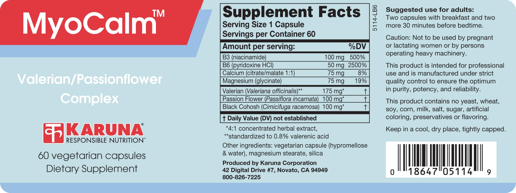 MyoCalm 60 Vegetarian Capsules | Valerian 175mg, Passion Flower 100mg, Black Cohosh 100mg, Calcium 75mg, Magnesium 75mg, b3(niacinamide), b6(Pyridoxine HCI) Karuna uk supplements