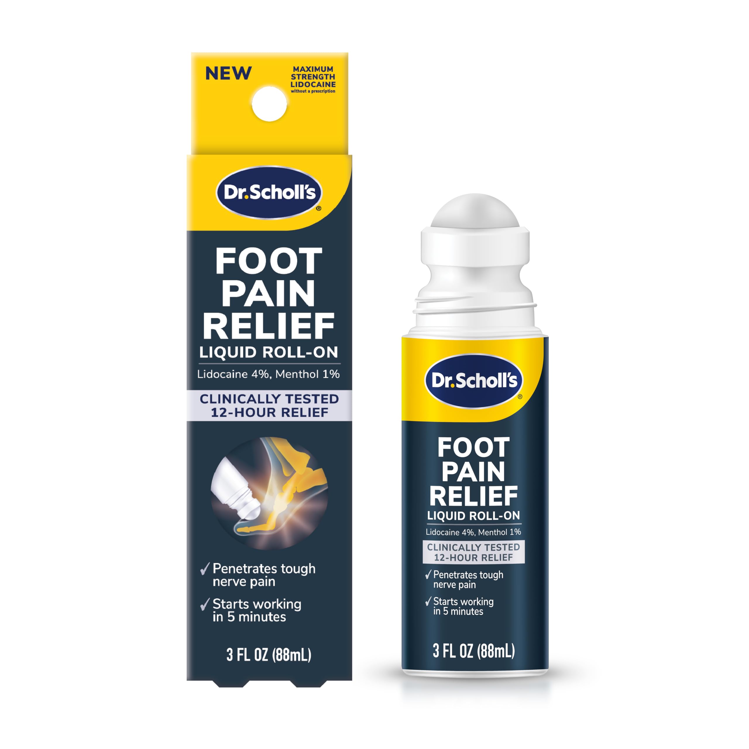 Dr. Scholl's Foot Pain Relief Liquid ROLL-ON, 3.0 oz // Clinically Tested 12-Hour Pain Relief - Penetrates Tough Nerve Pain - Works in 5 Minutes - Non-Greasy - with Lidocaine & Menthol Dr. Scholl's uk supplements