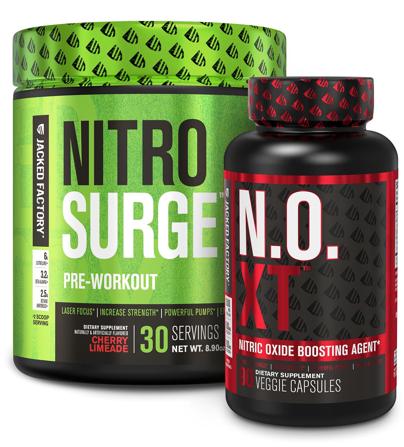 Jacked Factory Pre Workout Stack - N.O XT Nitric Oxide Booster & NITROSURGE High Jacked Factory uk supplements