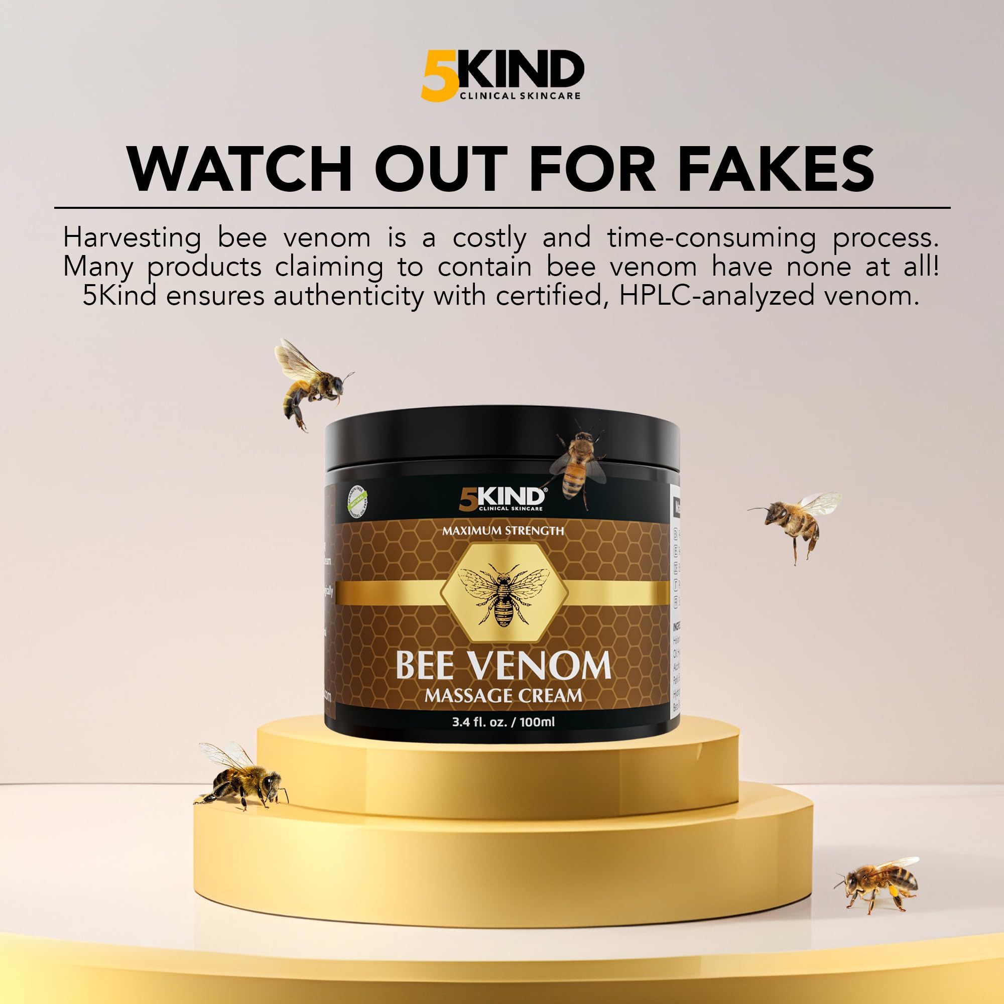 5kind Maximum Strength Bee Venom Cream - Naturally Massage Joints & Muscles, Lower Back, Knee, Neck, Shoulder, Hip & Feet - Responsibly Sourced Premium Bee Venom Cream 3.4 Fl Oz 5kind clinical skincare uk supplements