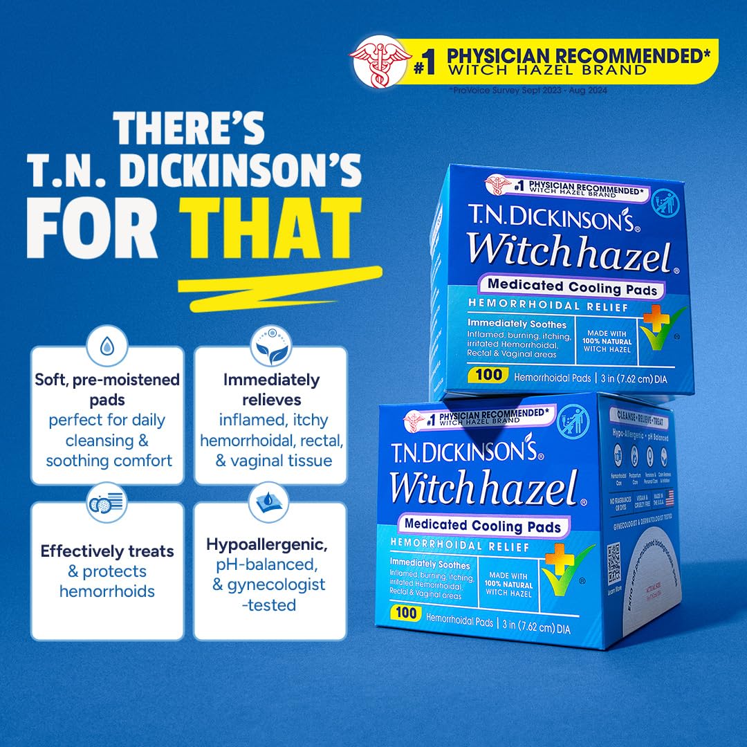 T.N. Dickinson’s Medicated Cooling Pads with Witch Hazel and Aloe | Hemorrhoid Treatment, Postpartum Care, Feminine & Rectal Relief | 100 Rounds T.N. Dickinson's uk supplements
